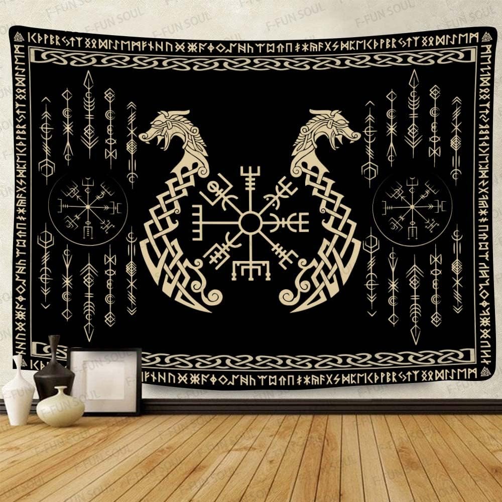 Tapiz de los vikingos nórdicos, franela suave grande de 40 x 30 pulgadas, símbolo Vegvsir gemelos dragones, runa celta escandinava, tapiz de