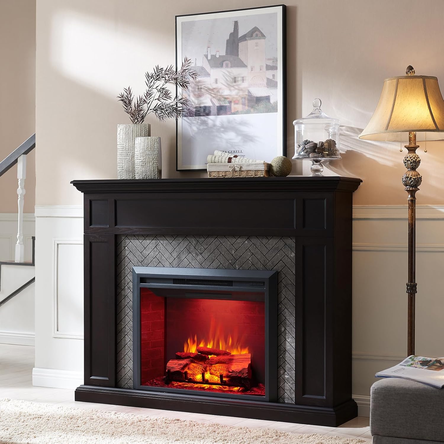LegendFlame Hailey – Chimenea eléctrica con mantel envolvente de 57 pulgadas e inserto Carl de 30 pulgadas, roble espresso con acabado de ladrillo