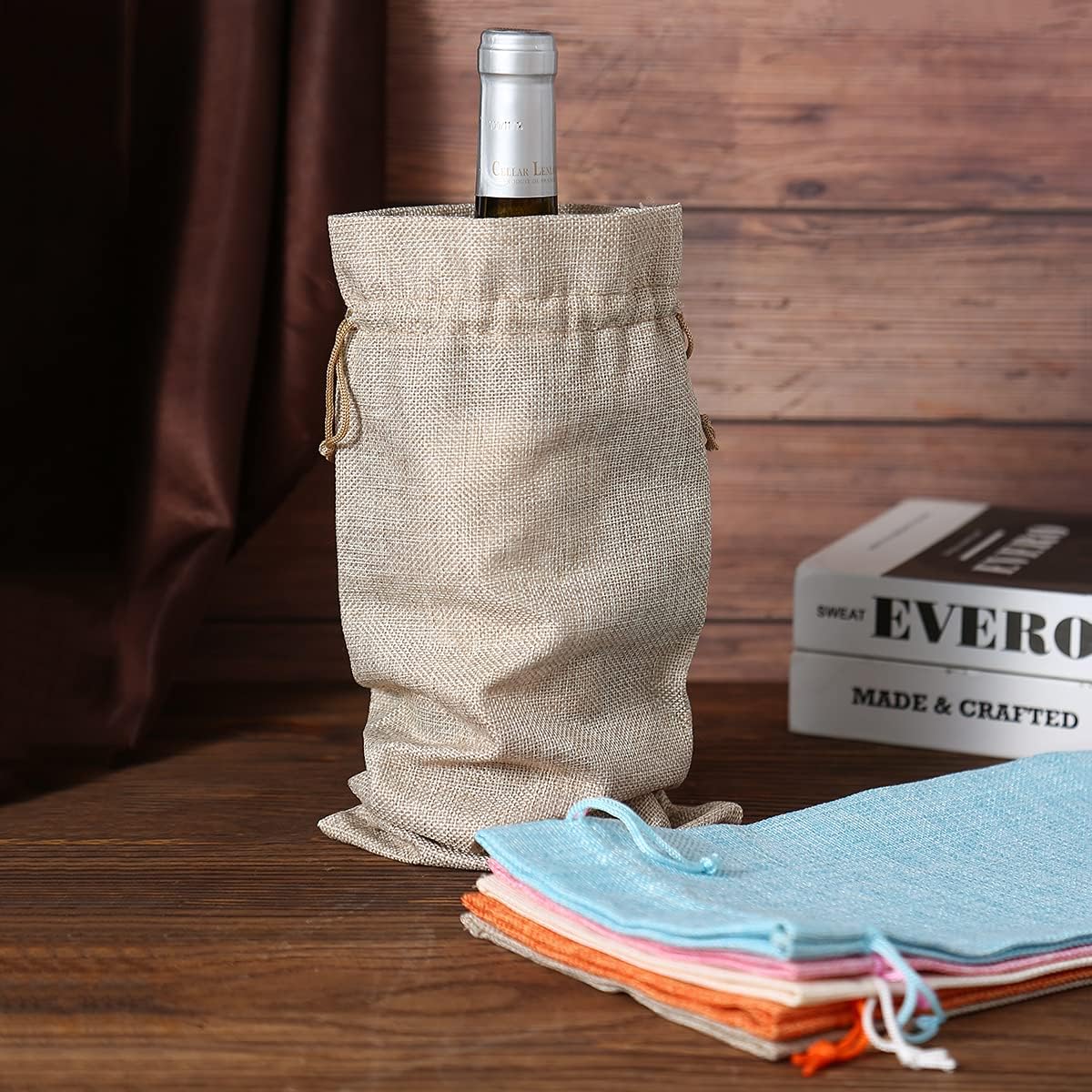 10 bolsas de arpillera para vino con cordón naranja, bolsas de yute para botellas de vino, para bodas, cumpleaños, Navidad, almacenamiento en el