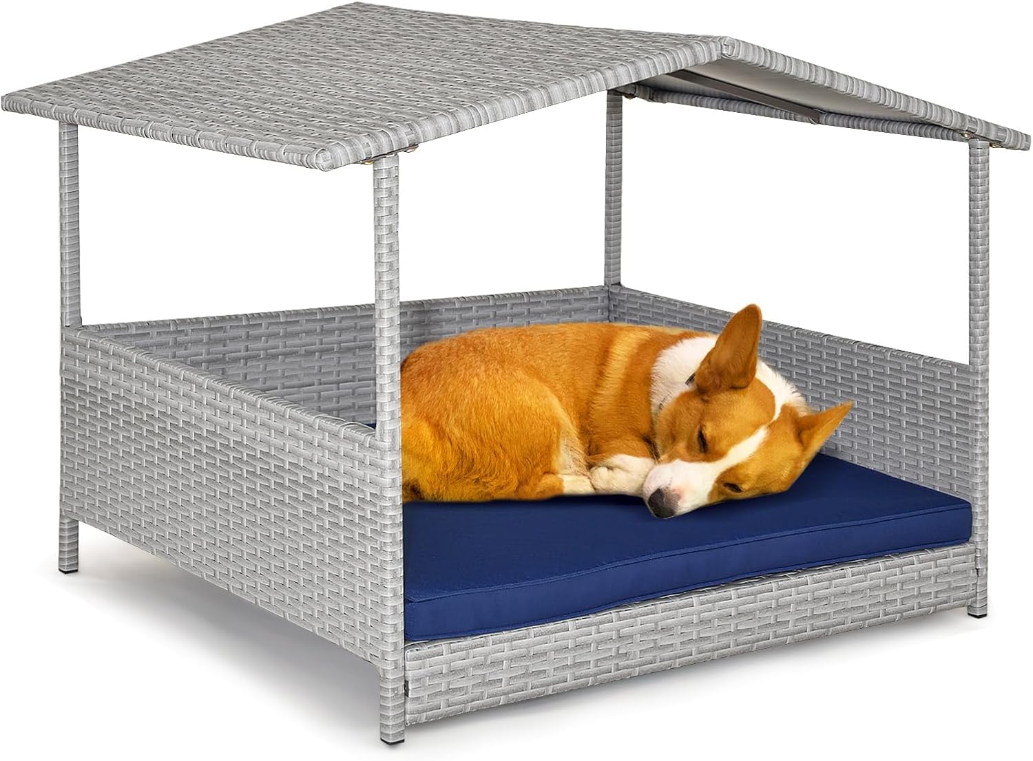 Tangkula Casa de mimbre para perros, cama elevada de ratán para interiores y exteriores con cojín extraíble, funda lavable, techo impermeable,