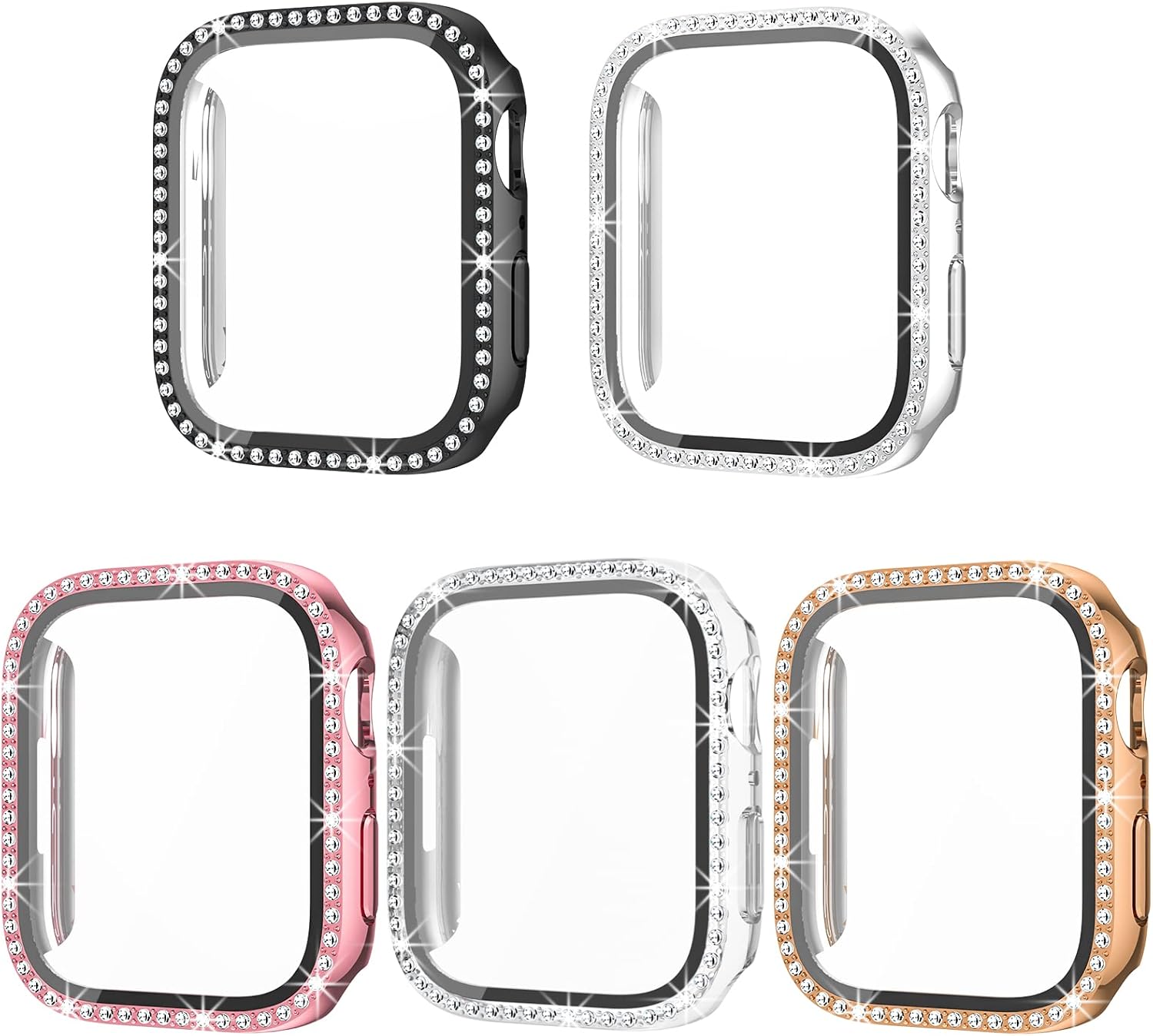 Haojavo Paquete de 5 fundas brillantes para Apple Watch Series 9, 8, 7, 1.77 pulgadas con protector de pantalla de vidrio templado, diamantes de