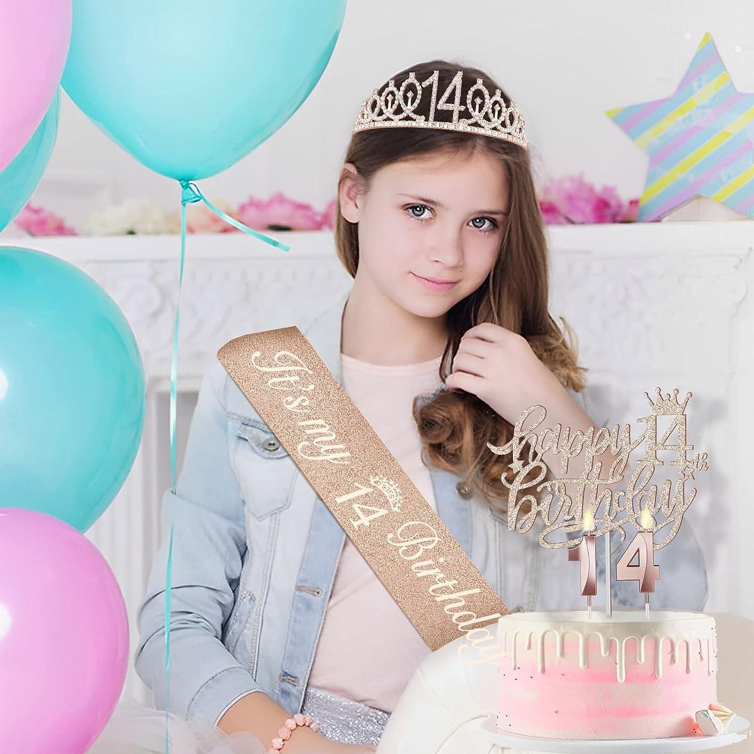 Decoraciones de cumpleaños número 14 para niñas, incluyendo banda y tiara de cumpleaños 14, velas de cumpleaños 14 y adornos para pasteles, globos