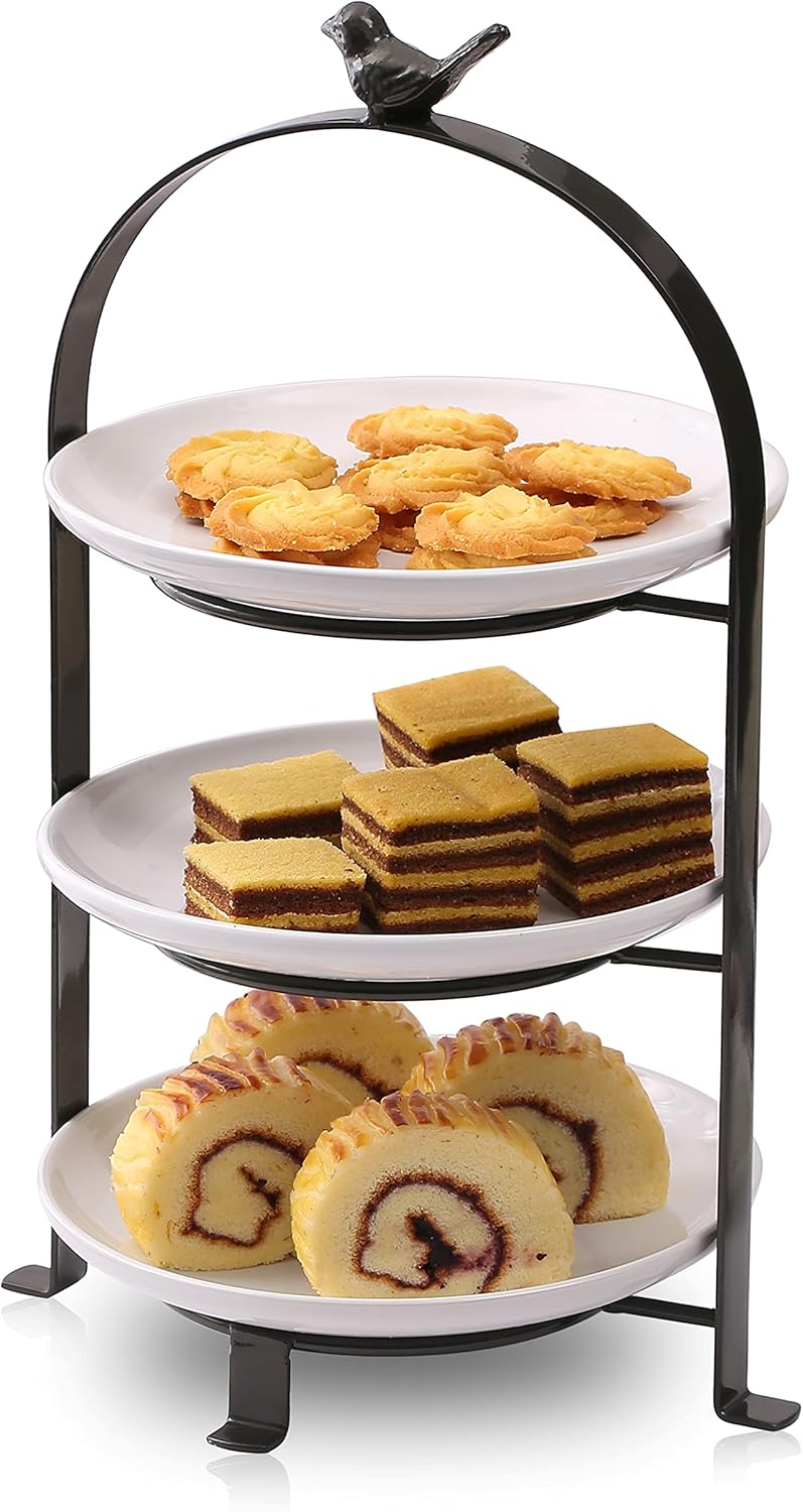 SparkWorks – Soporte para tartas de 3 niveles, bandeja para servir fiesta de té, soporte de postres y cupcakes, soporte de metal escalonado para