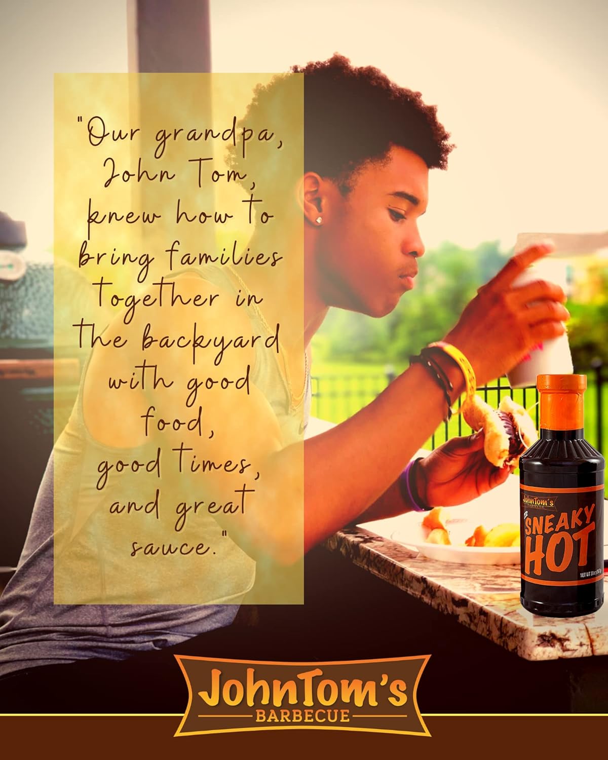 JohnTom’s Barbecue Sneaky Hot Sauce – Salsa gourmet BBQ de 20 oz. Botella – Hecha con todos los ingredientes naturales. Bueno como adobo de pechuga,