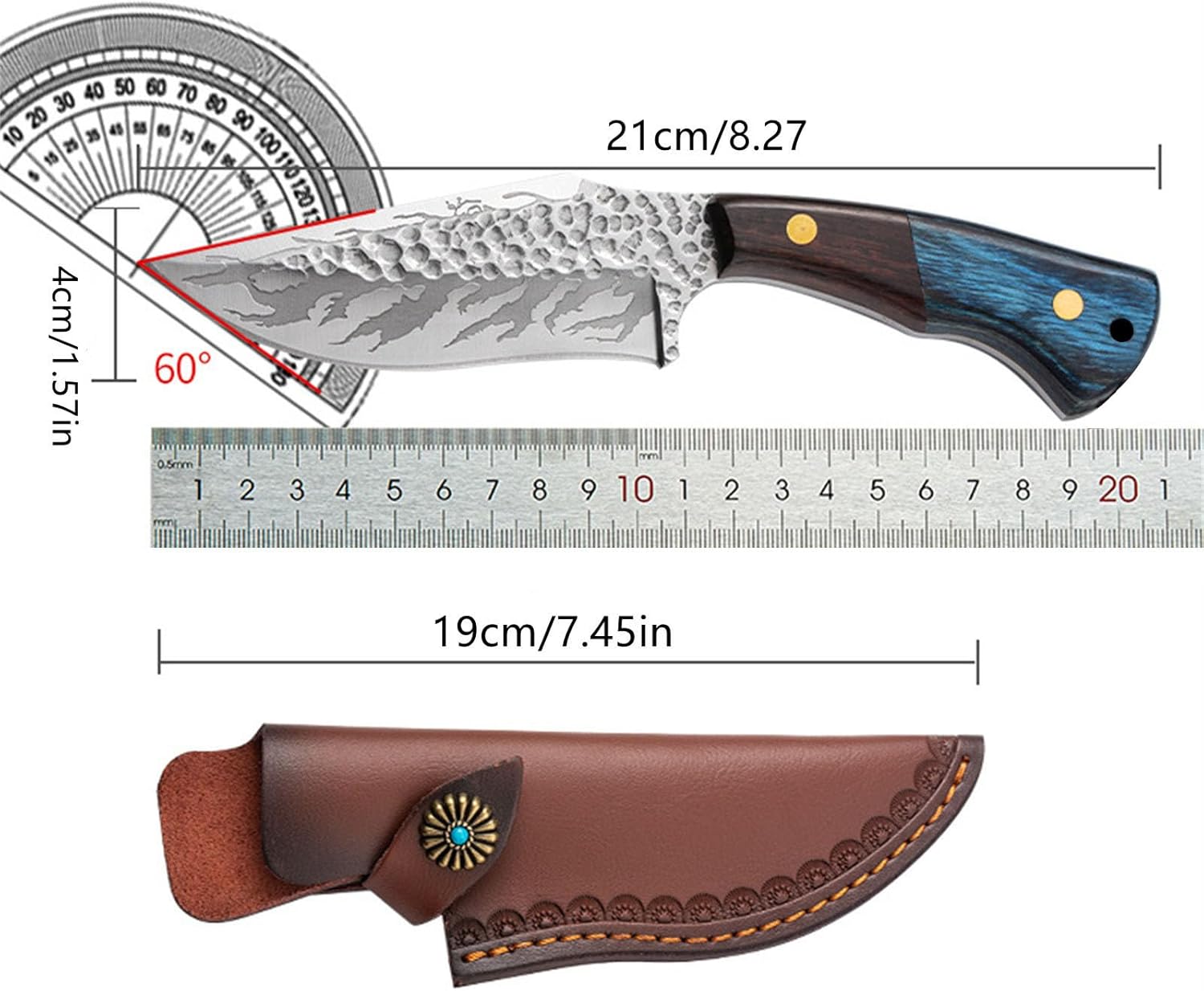 Cuchillo de caza de 8.27 pulgadas, cuchillo táctico de supervivencia de hoja fija de acero inoxidable con funda y mango ergonómico antideslizante