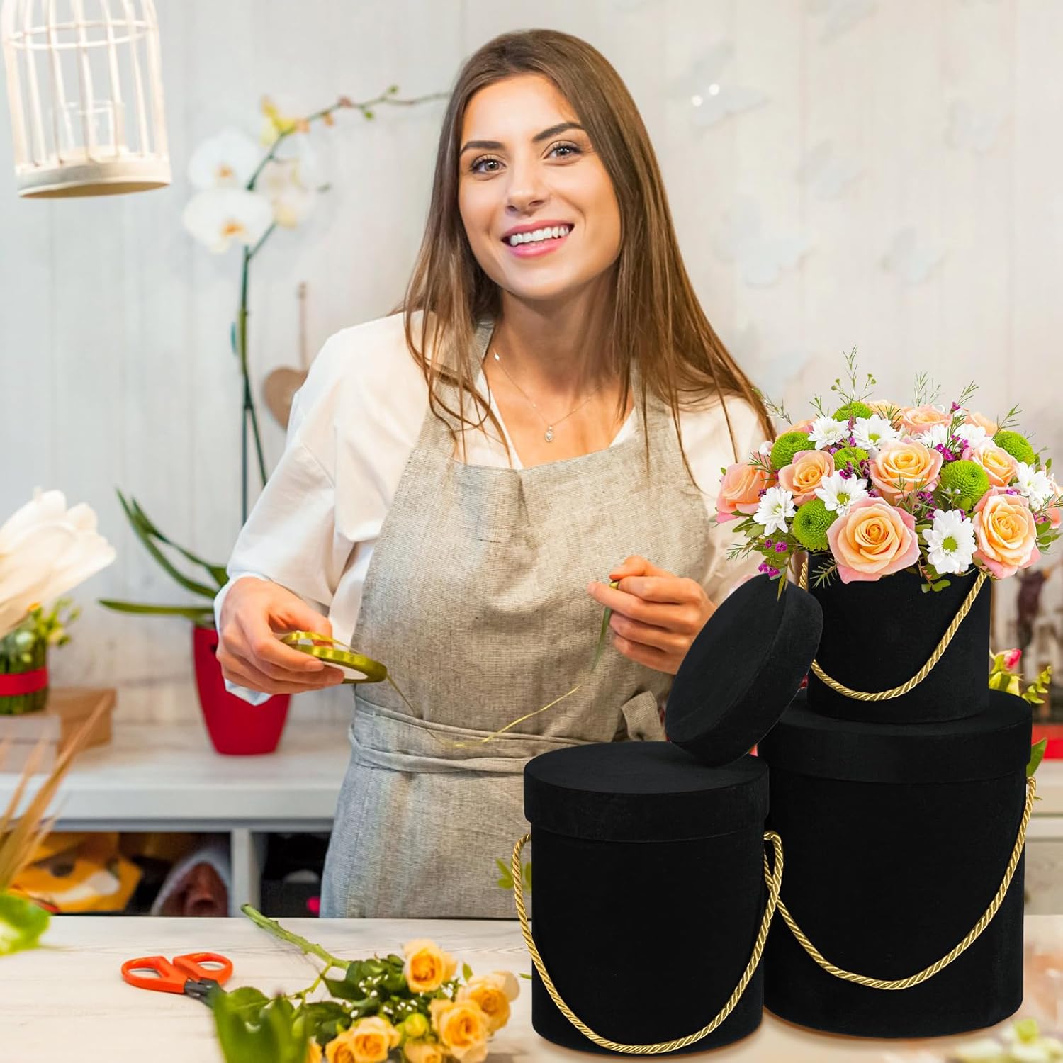 Uiifan 6 cajas redondas de terciopelo con tapas, caja de regalo de terciopelo para boda con asa para arreglos de regalo de flores de lujo, regalos
