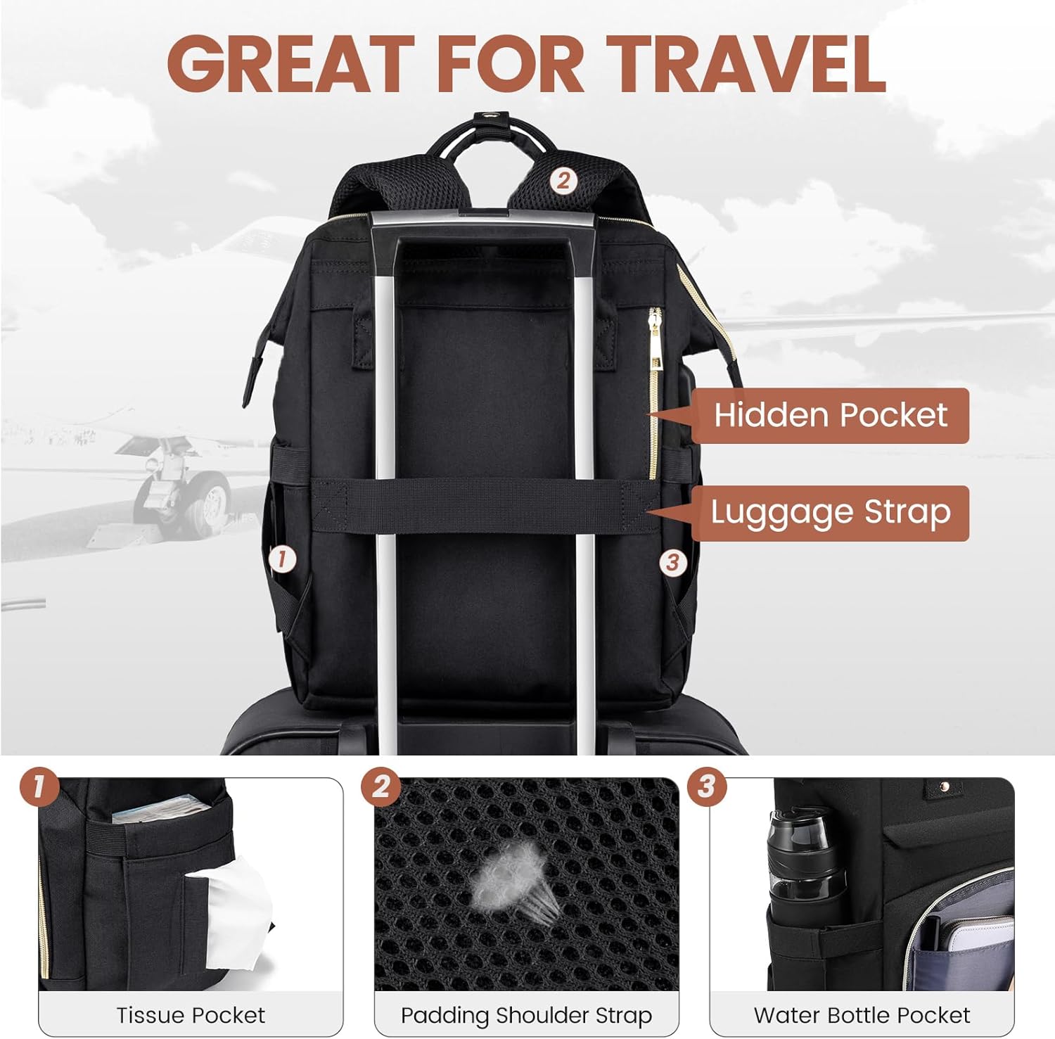 Mochila para computadora portátil para mujer, de moda, para viaje, con puerto USB, Negro), 146901LK-17