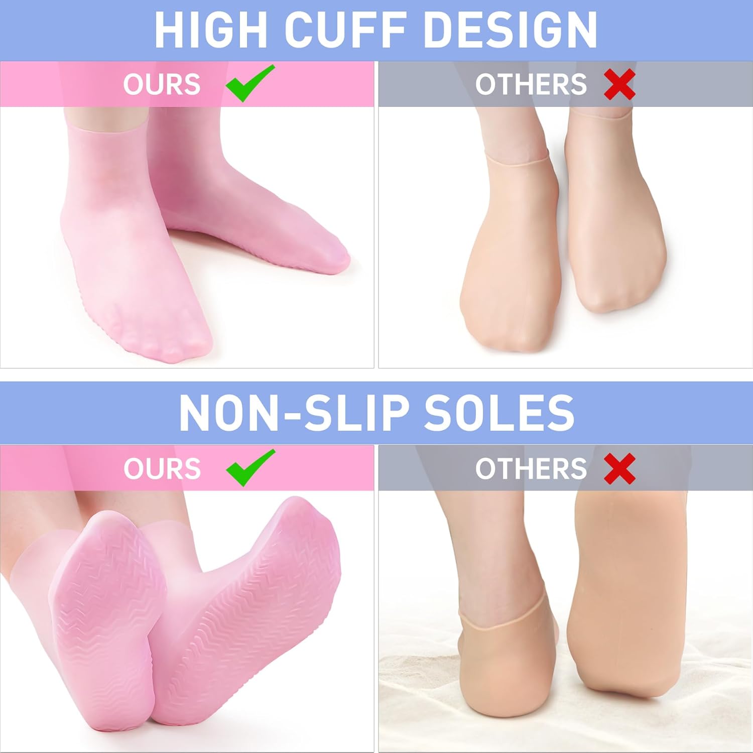 Aphlos 2 pares de calcetines largos de silicona, calcetines hidratantes, calcetines de gel suaves para pies secos y agrietados, cómodos para uso