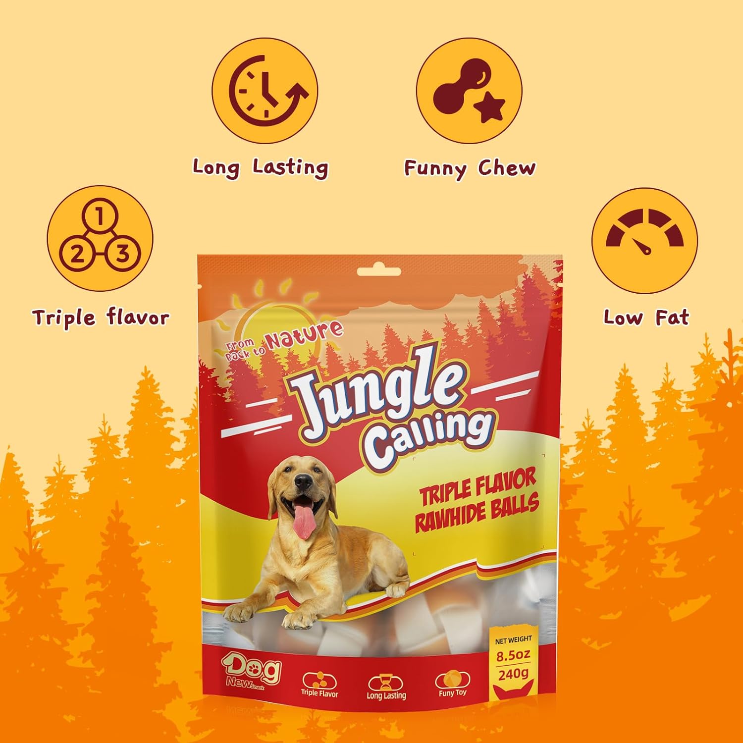 Jungle Calling Golosinas para perros, bocadillos masticables de cuero crudo para perros medianos y grandes, bolas de cuero crudo de triple sabor,