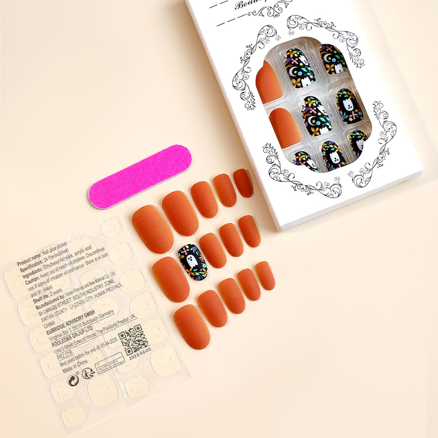 24 piezas de uñas postizas cortas cuadradas con diseño de cara de fantasma, uñas postizas mate, uñas acrílicas artificiales adhesivas con puntas de