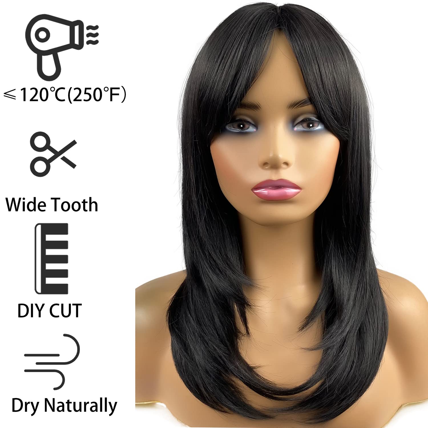 MIMISERVICE Pelucas largas negras para mujer, pelucas negras con flequillo, peluca sintética de longitud al hombro en capas para fiestas diarias (20
