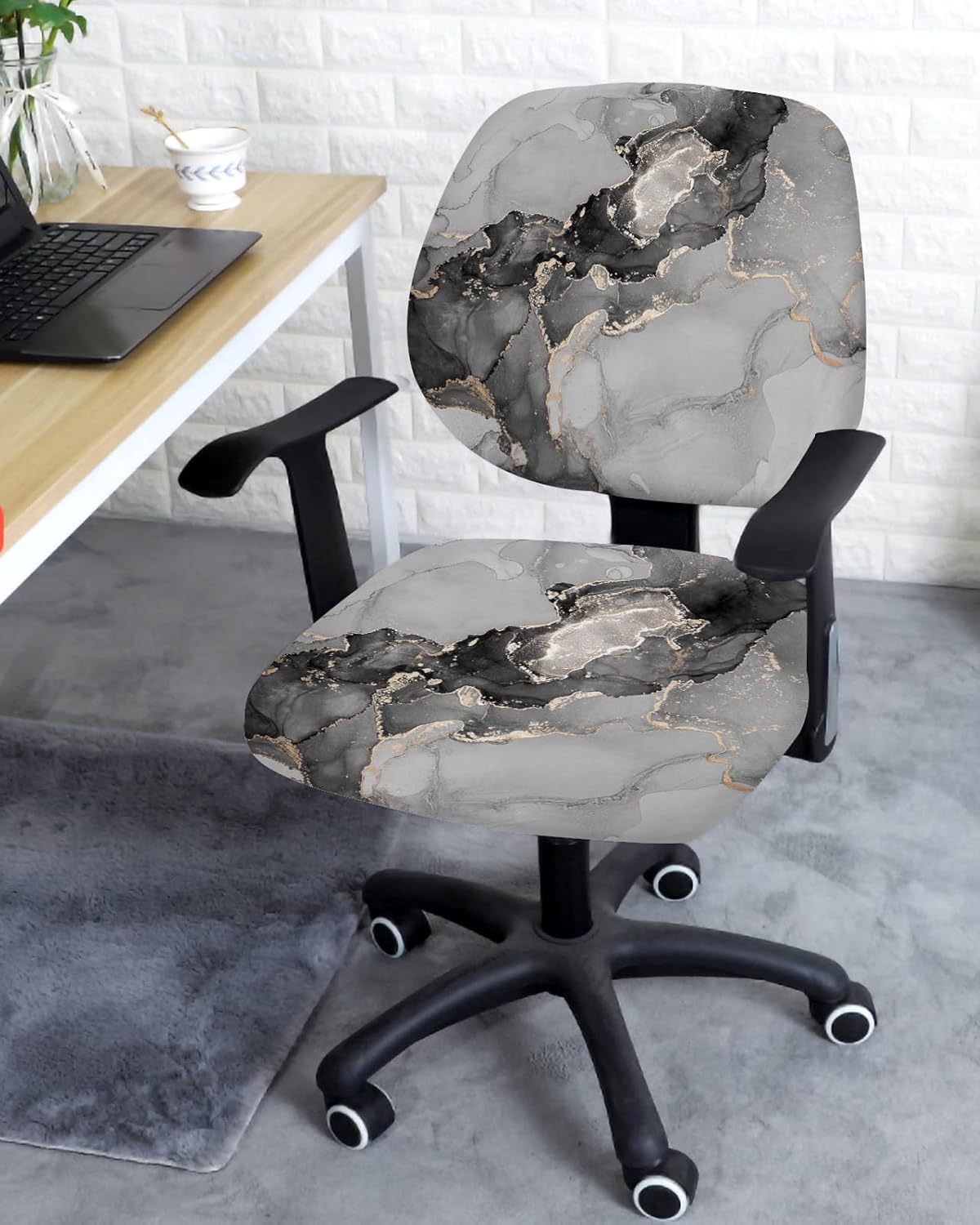 TweetyBed Funda para silla de oficina, diseño de mármol negro y gris, elástico, universal, para silla de computadora, abstracto, lujoso, geométrico,