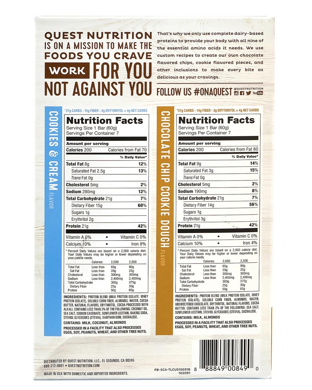 Quest Protein Bar Value Pack 14 barras, masa de galletas con chispas de chocolate y crema de galletas, 0.04 oz de azúcar, 0.74 oz de proteína