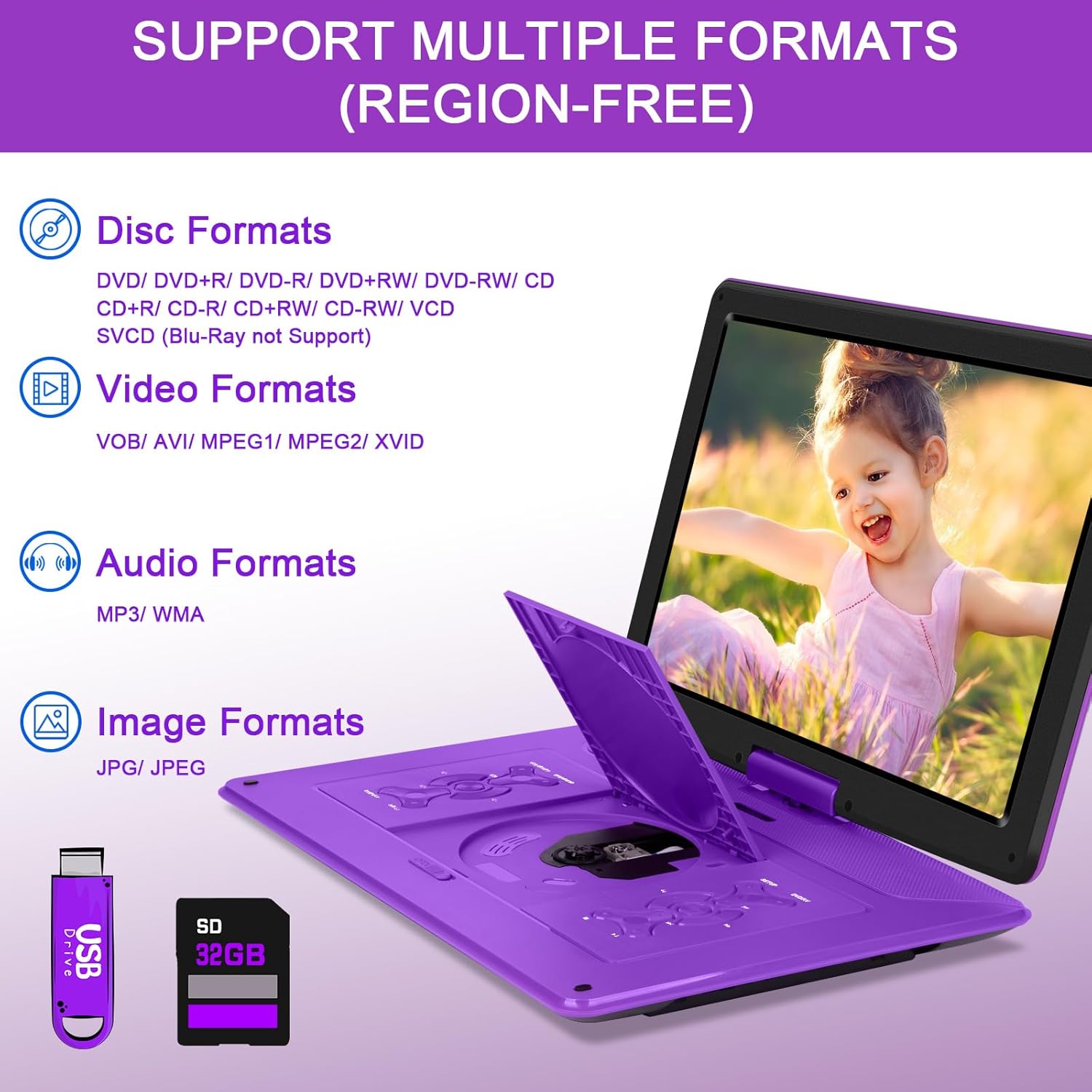 Reproductor de DVD portátil de 17.9 pulgadas con pantalla giratoria grande de 15.6 pulgadas, reproductor de DVD de batería de 6 horas portátil con