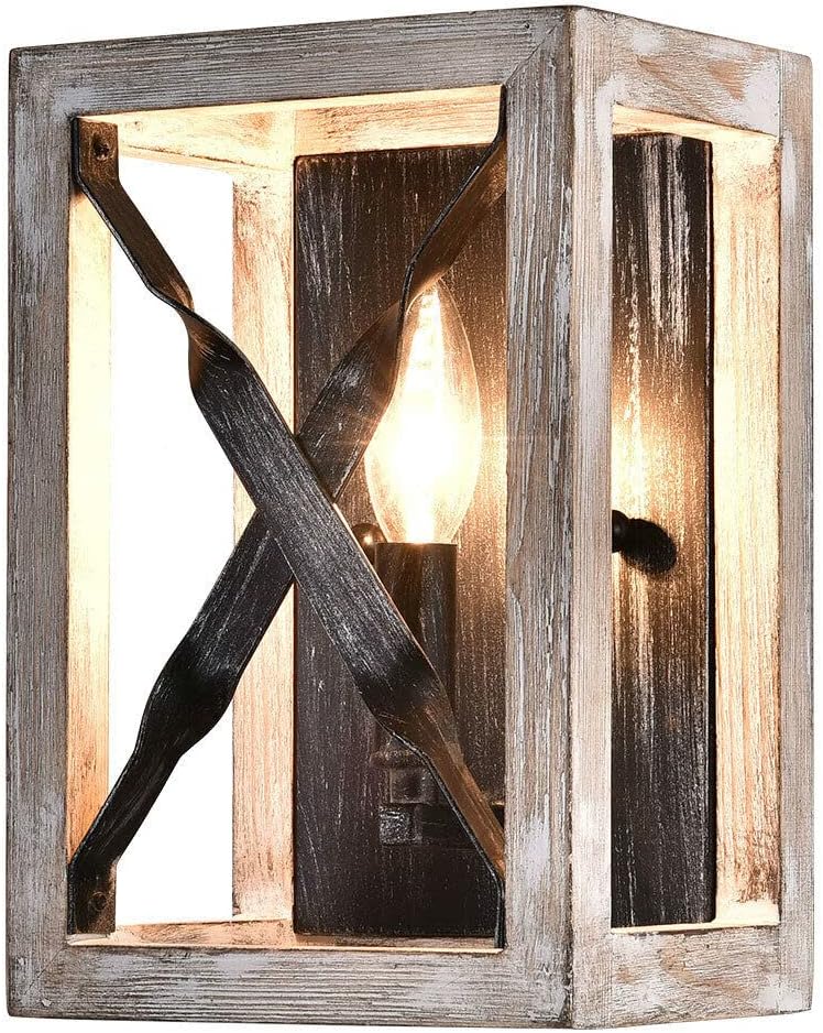 Apliques de pared de linterna, lámparas de pared rectangulares industriales retro con placa de hierro y tablero de madera, lámpara de pared para