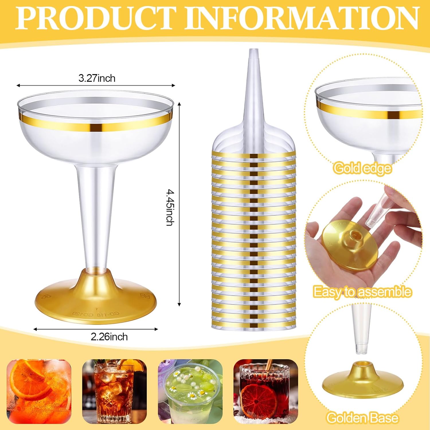 50 vasos de champán dorados de 4.5 onzas, vasos de cóctel de plástico transparente, desechables, Martini, champán, copas de champán irrompibles con