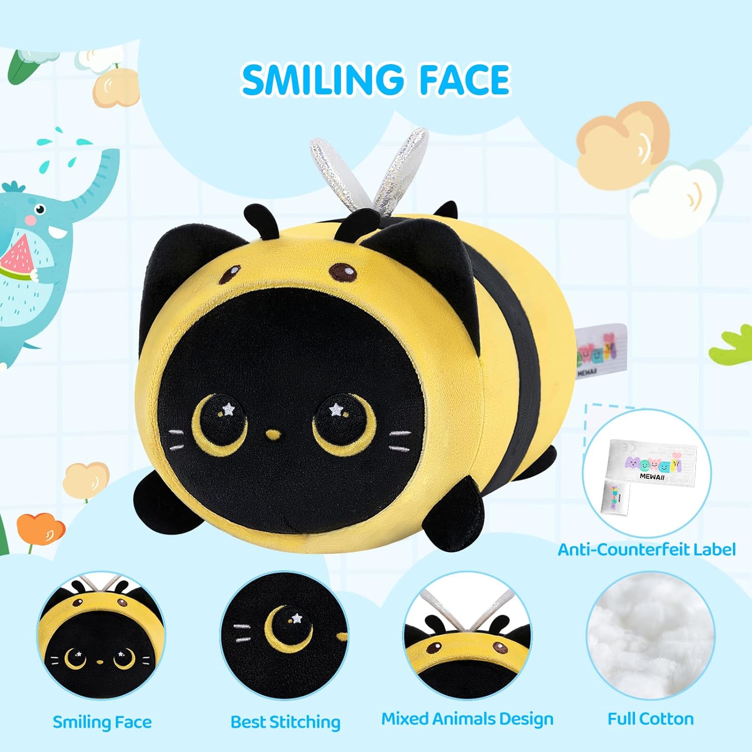 Bonita almohada de felpa de abeja de gato negro, peluche Kawaii de abeja de gato, peluche de gatito con disfraz de abeja de abeja, regalos suaves