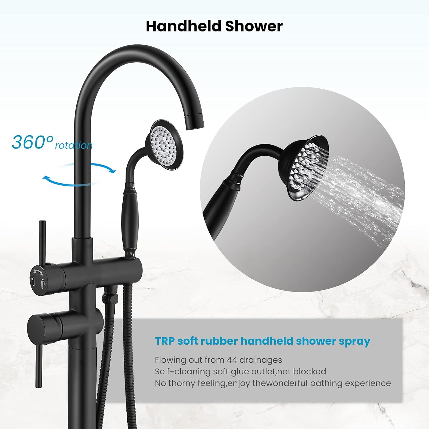 gotonovo Llenador de bañera independiente negro mate con ducha de mano de cerámica para montaje en el suelo, grifo de bañera de latón de alto flujo
