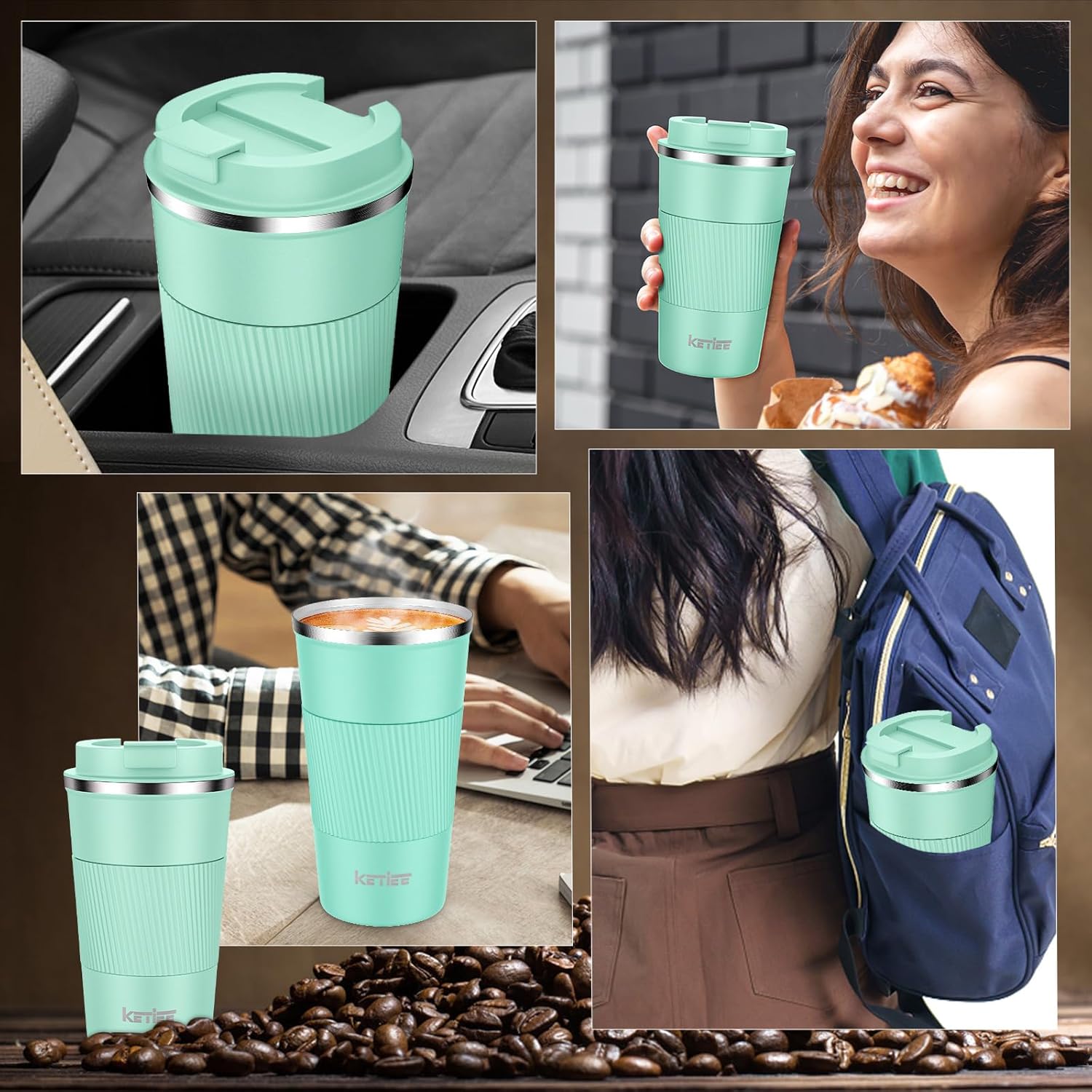 KETIEE Taza de café de 12 onzas taza de café aislada al vacío con tapa a prueba de fugas, taza de café de viaje de acero inoxidable de doble pared