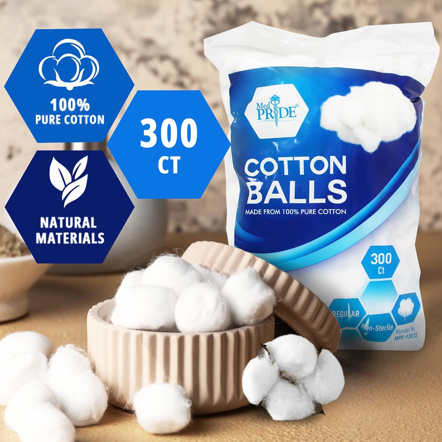 MED PRIDE Bolas de algodón 100% puro de alta calidad, 300 unidades, bolas de algodón multiusos para desmaquillante, esmalte de uñas, lociones de