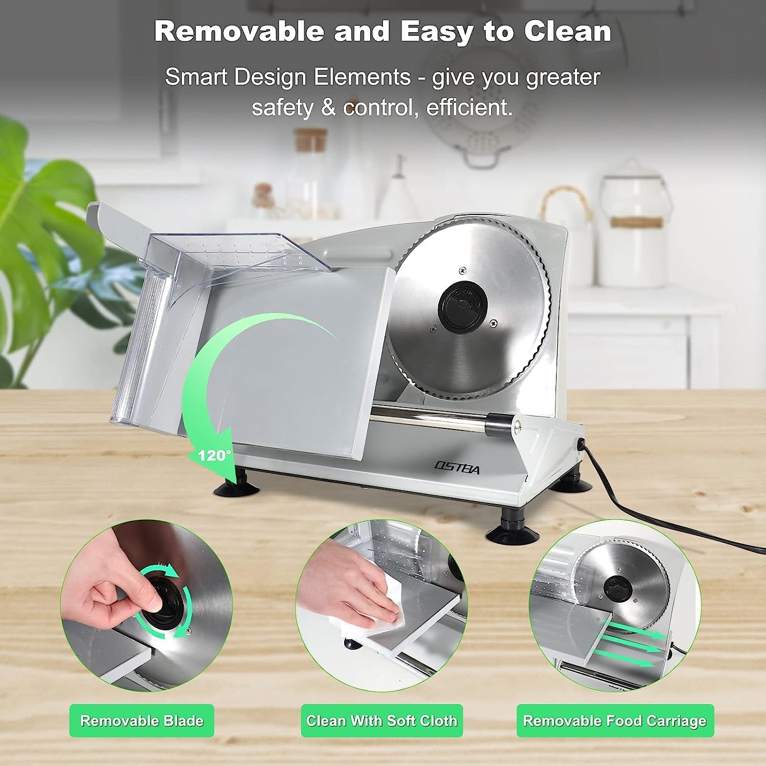 OSTBA – Rebanador eléctrico de carne con cuchillas de acero inoxidable extraíbles, cortador de carne de grosor ajustable para uso doméstico, fácil