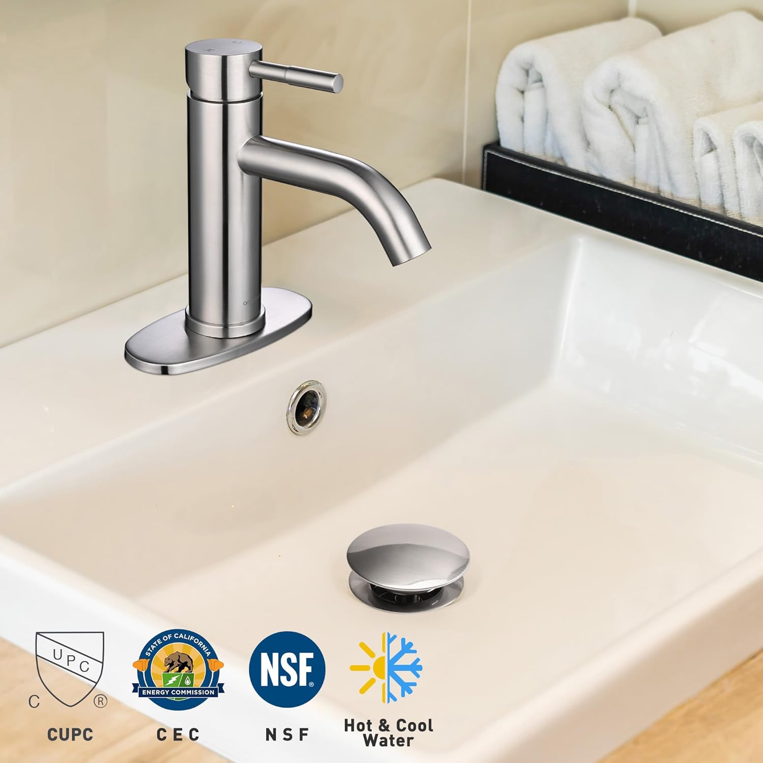 Aquaterior Grifo de baño de una sola manija para fregadero de baño, grifo de níquel con drenaje emergente para caravana, montaje en cubierta, 1