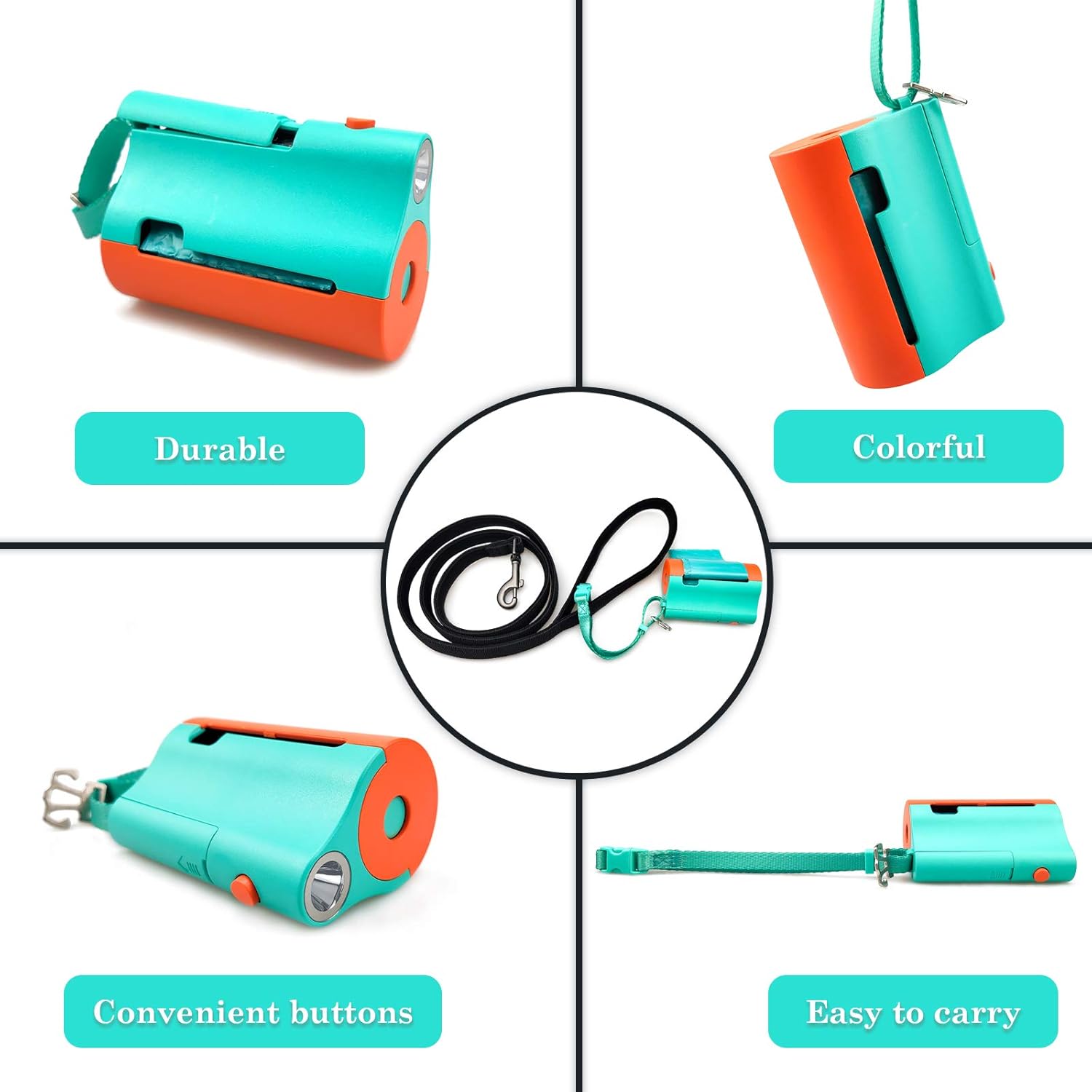 Soporte 3 en 1 para bolsas de excremento de perro con linterna LED integrada para correa y clip de metal para colgar bolsas usadas, dispensador de