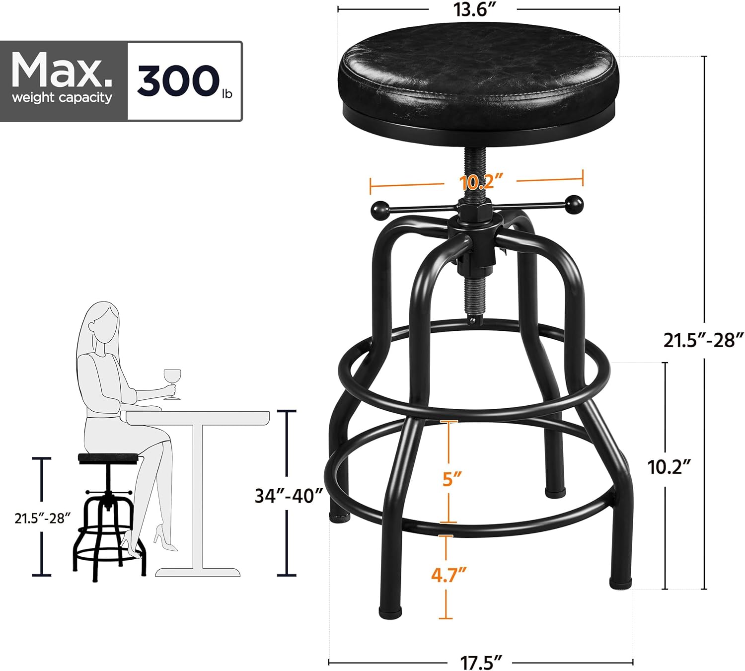 Yaheetech Taburetes de bar industriales, taburete de bar vintage de altura de mostrador con asiento redondo de piel sintética, taburete de cocina