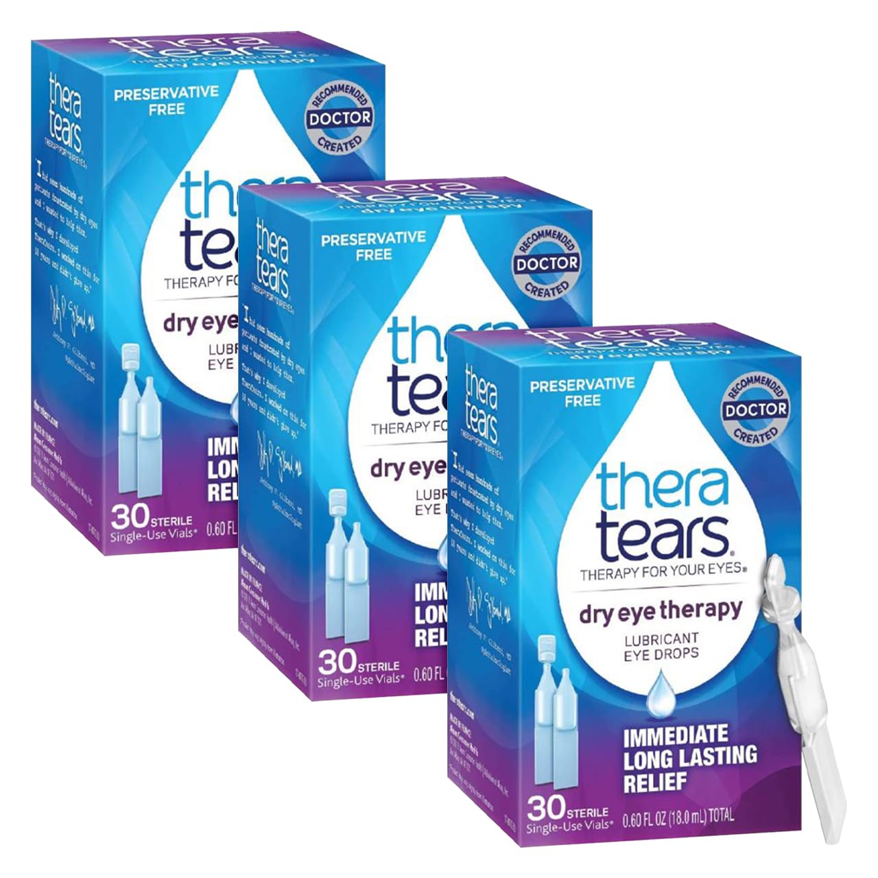 TheraTears Gotas lubricantes para ojos secos para terapia de ojos secos, gotas para los ojos sin conservantes, 30 viales de un solo uso (paquete de