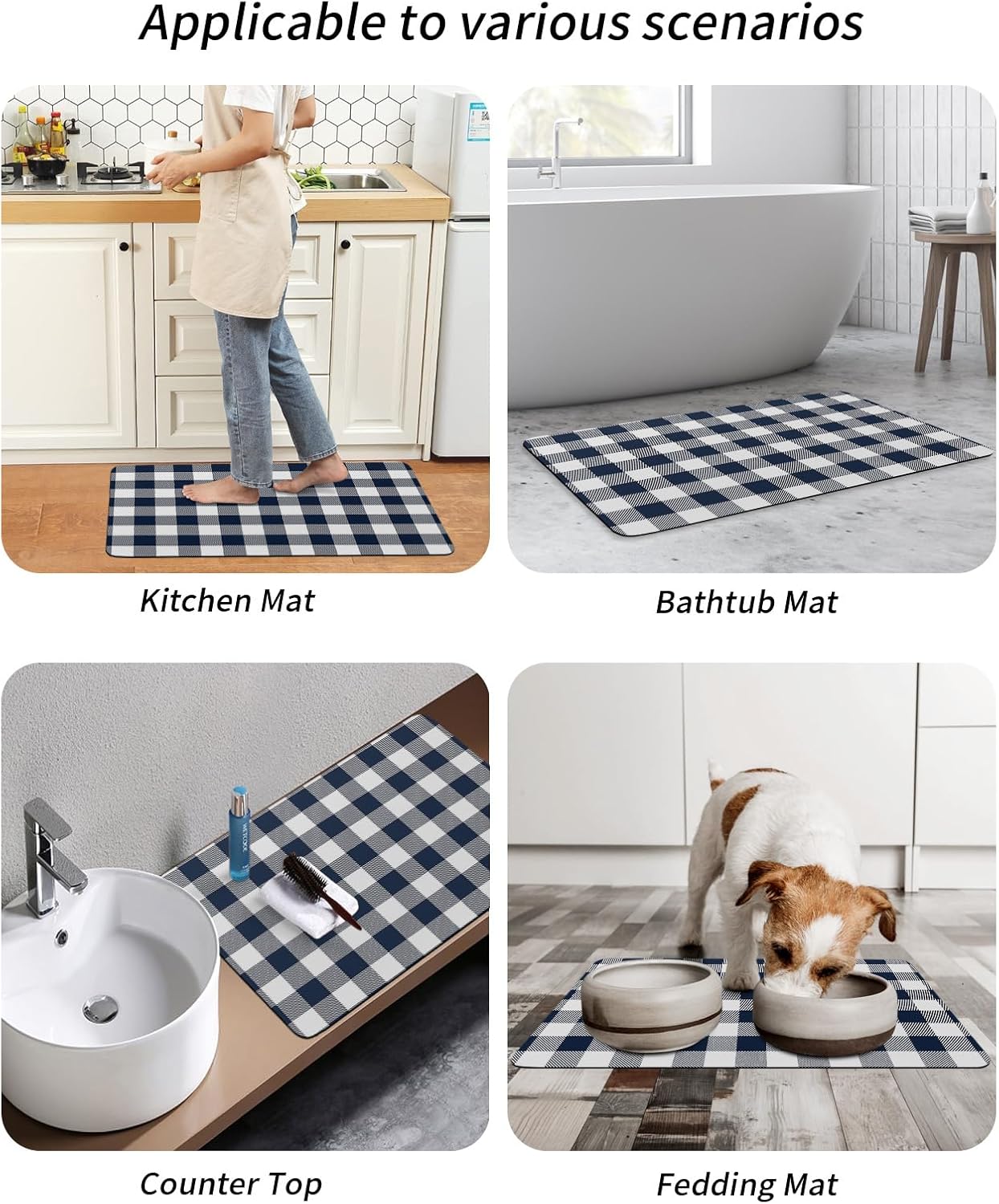 Bathroom Mat, Country Rural Style Navy Blue and White Buffalo Check Gingham Bath Rugs Absorbent Bathroom Floor Mats Non Slip Low Profile Quick Dry