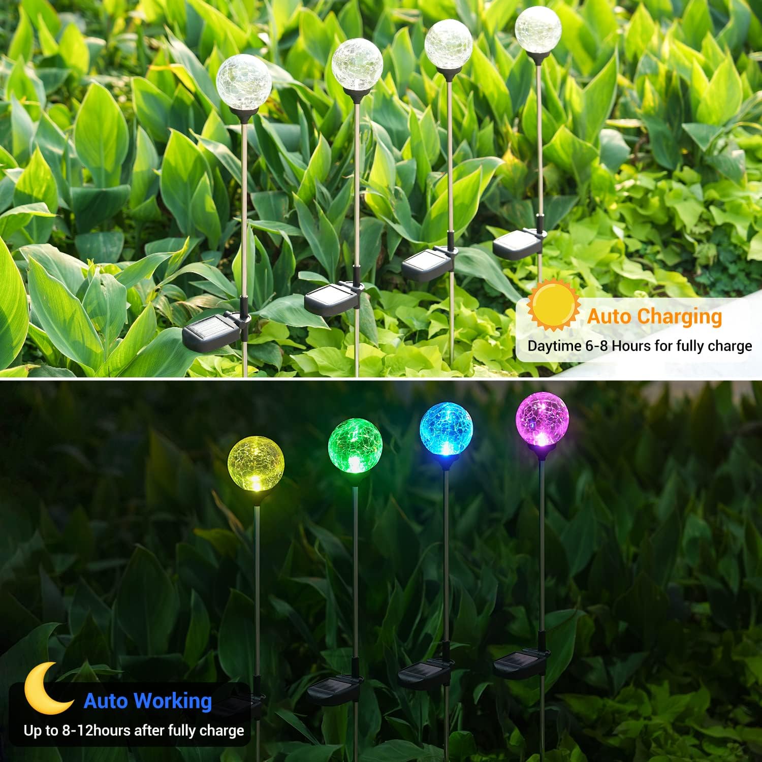 Luces solares para exteriores, paquete de 4 luces LED solares de cristal agrietado de cristal, luces solares de bola de estaca que cambian de color,
