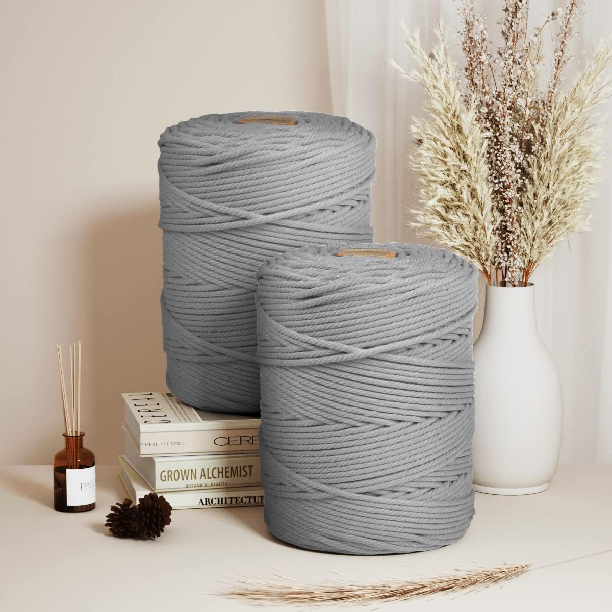 ZUEXT – Cordón de algodón de macramé de 0.197 in x 328 yardas, cuerda trenzada natural hecha a mano gris claro, 4 hebras de cuerda de punto para