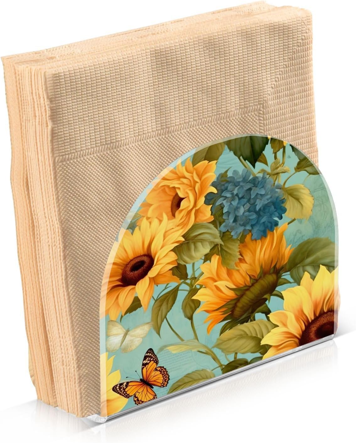Sunflower and Butterfly Acrylic Napkin Holder Clear Crystal Tissue Paper Dispenser for Table, Kitchen Countertop, Restaurant, Decor