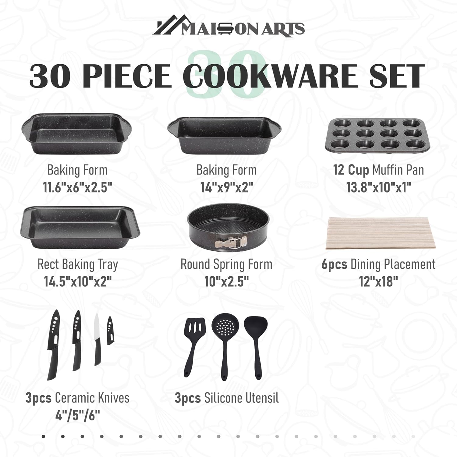 MAISON ARTS Juego de ollas y sartenes de 30 piezas, juegos de utensilios de cocina con revestimiento de piedra de granito antiadherente, adecuado