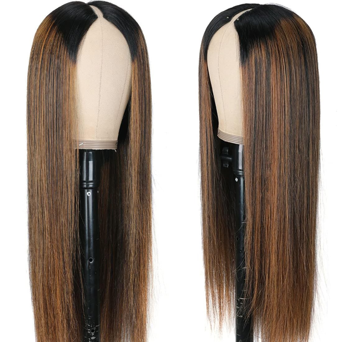 Pobokix Pelucas de cabello humano virgen brasileño lacio con reflejos degradados, con parte en U, 180% de densidad, sin pegamento, con clip de