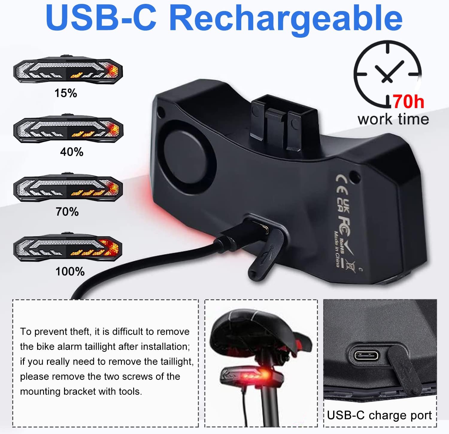 Luz trasera inteligente para bicicleta, señales de giro para bicicleta con alarma, señales de giro de bicicleta recargables por USB con campana de