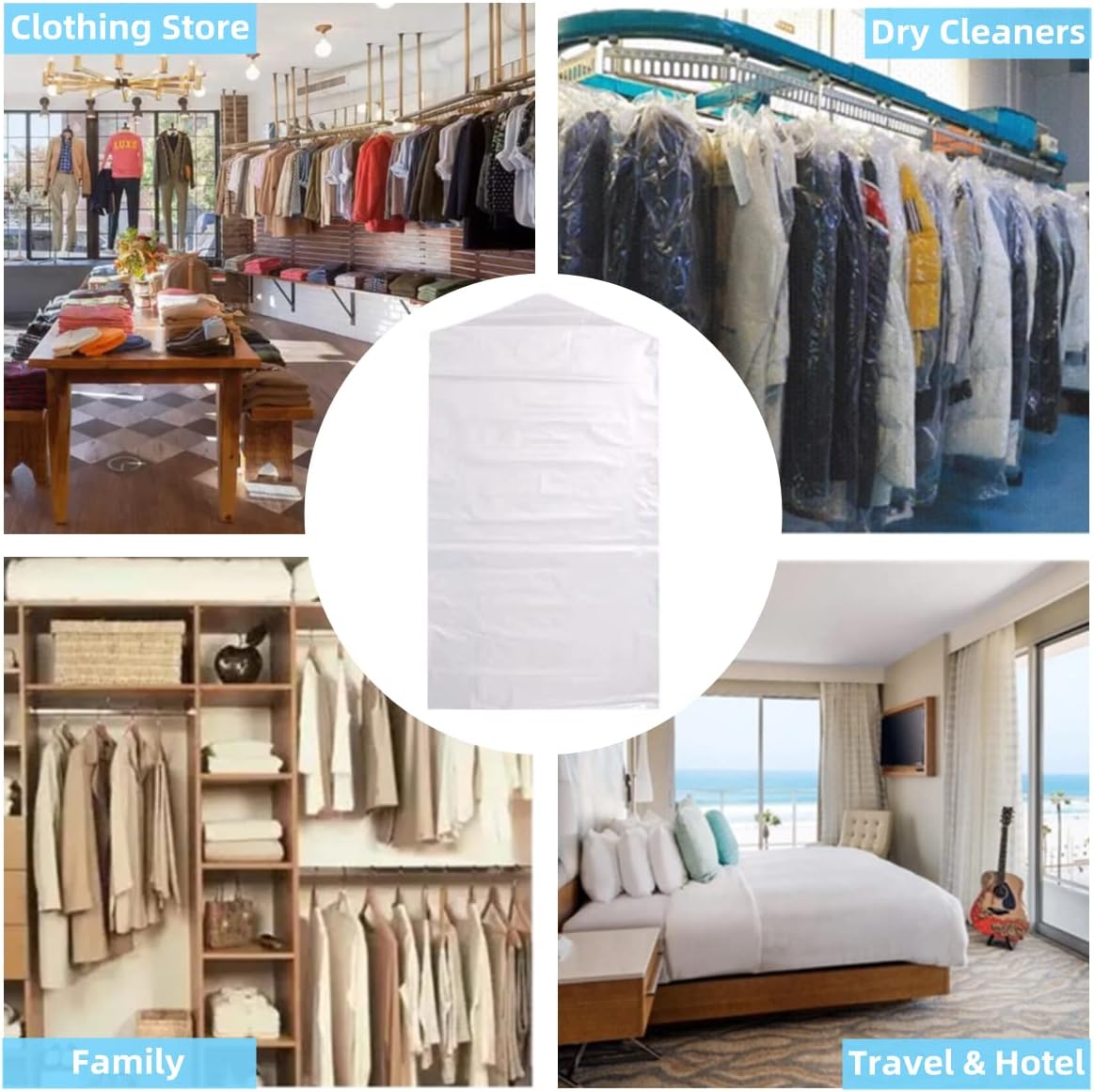 10 fundas de plástico transparente para ropa, bolsas de limpieza en seco, bolsa de plástico transparente para ropa, se puede colgar cubierta