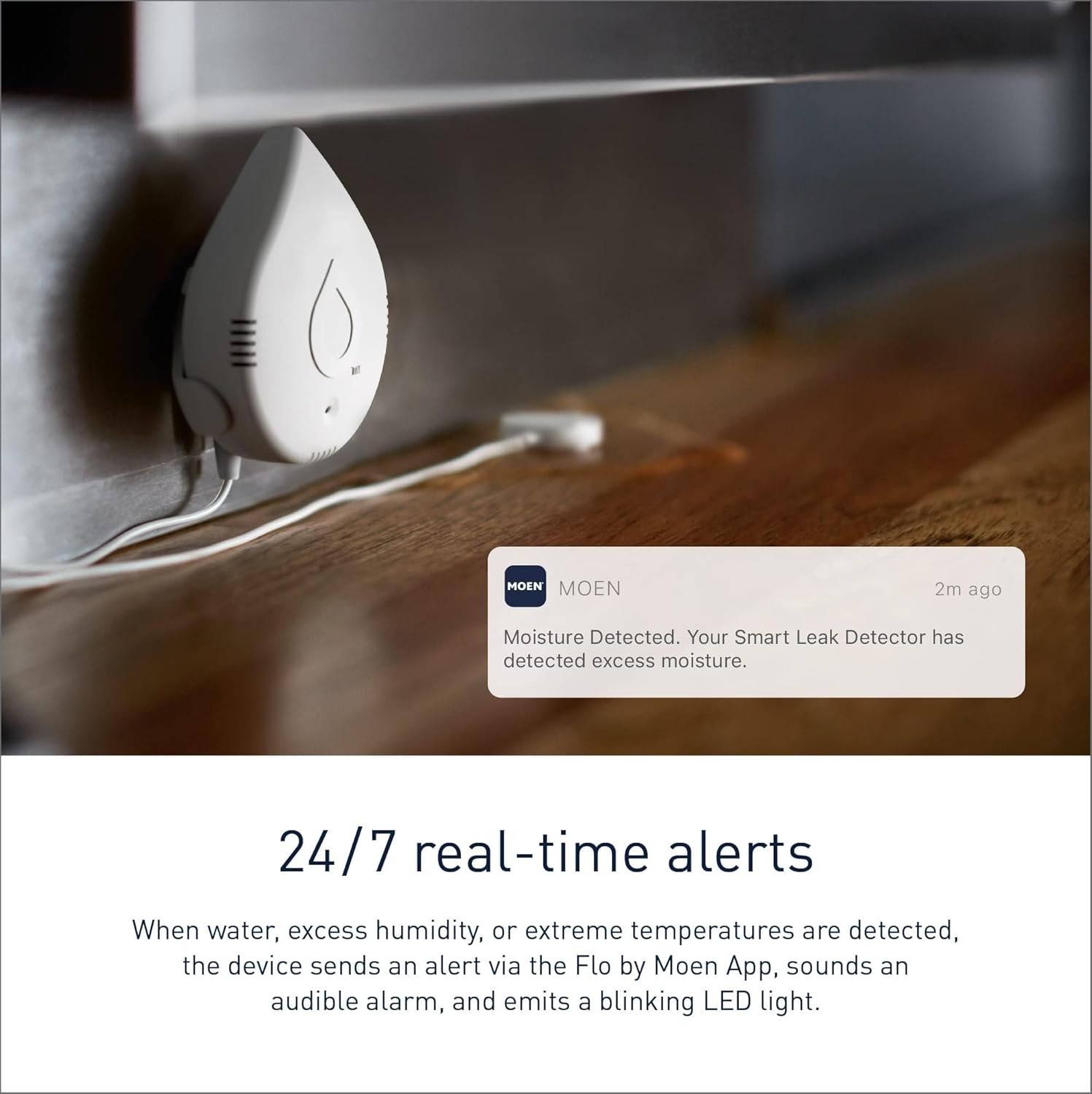 Moen Flo Smart Detector de fugas de agua, blanco, paquete de 4 unidades 920-005 + paquete de 2 cables de detección de fugas de 6 pies