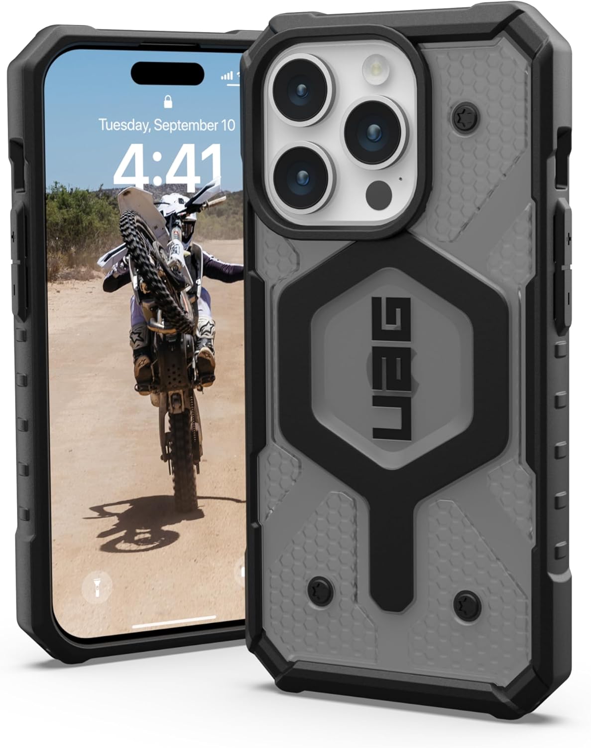 URBAN ARMOR GEAR UAG – Funda compatible con iPhone 15 Pro de 6.1 pulgadas, Pathfinder transparente cenizanegro, imán integrado compatible con carga