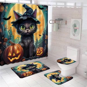 Juego de 4 cortinas de ducha de gato negro para Halloween, otoño, calabaza, animales divertidos, sombrero mágico, feliz día festivo, día de todos Juego de 4 cortinas de ducha de gato negro para Halloween, otoño, calabaza, animales divertidos, sombrero mágico, feliz día festivo, día de todos