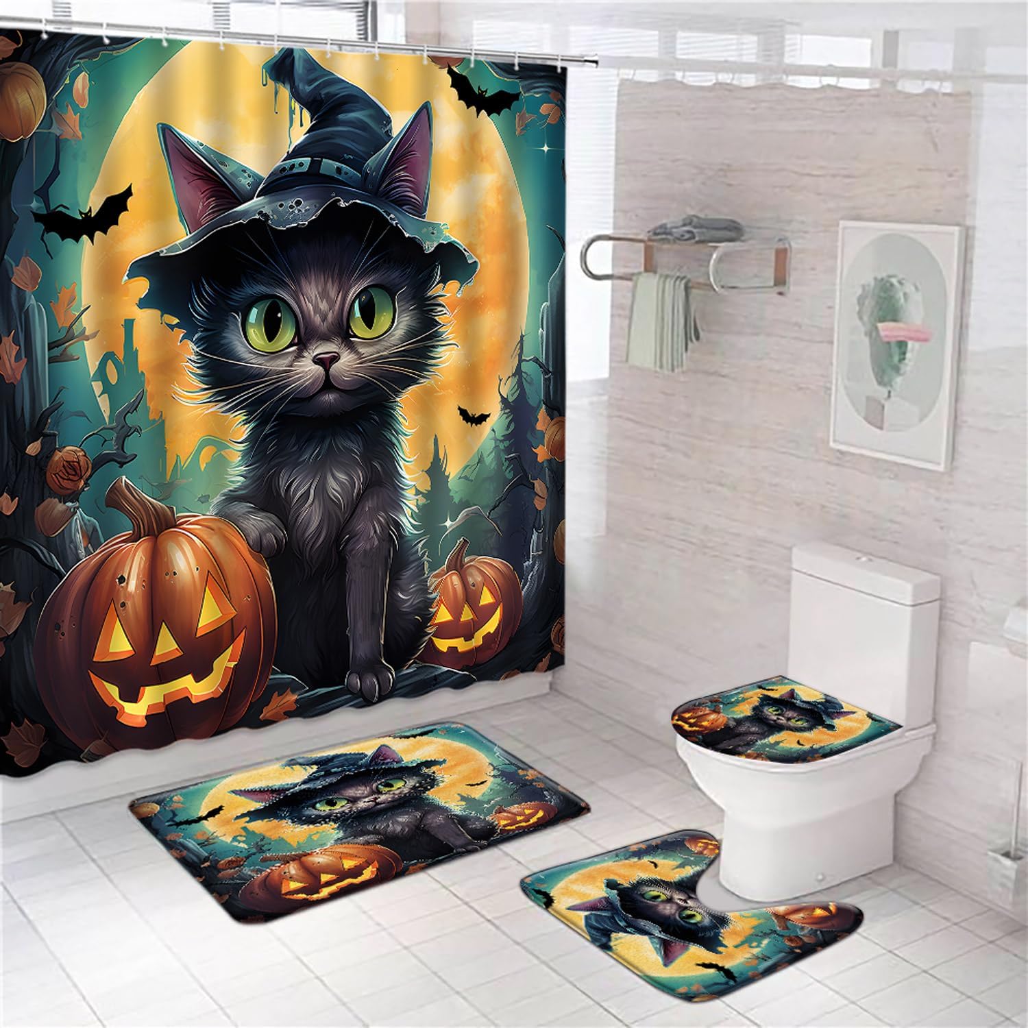Juego de 4 cortinas de ducha de gato negro para Halloween, otoño, calabaza, animales divertidos, sombrero mágico, feliz día festivo, día de todos