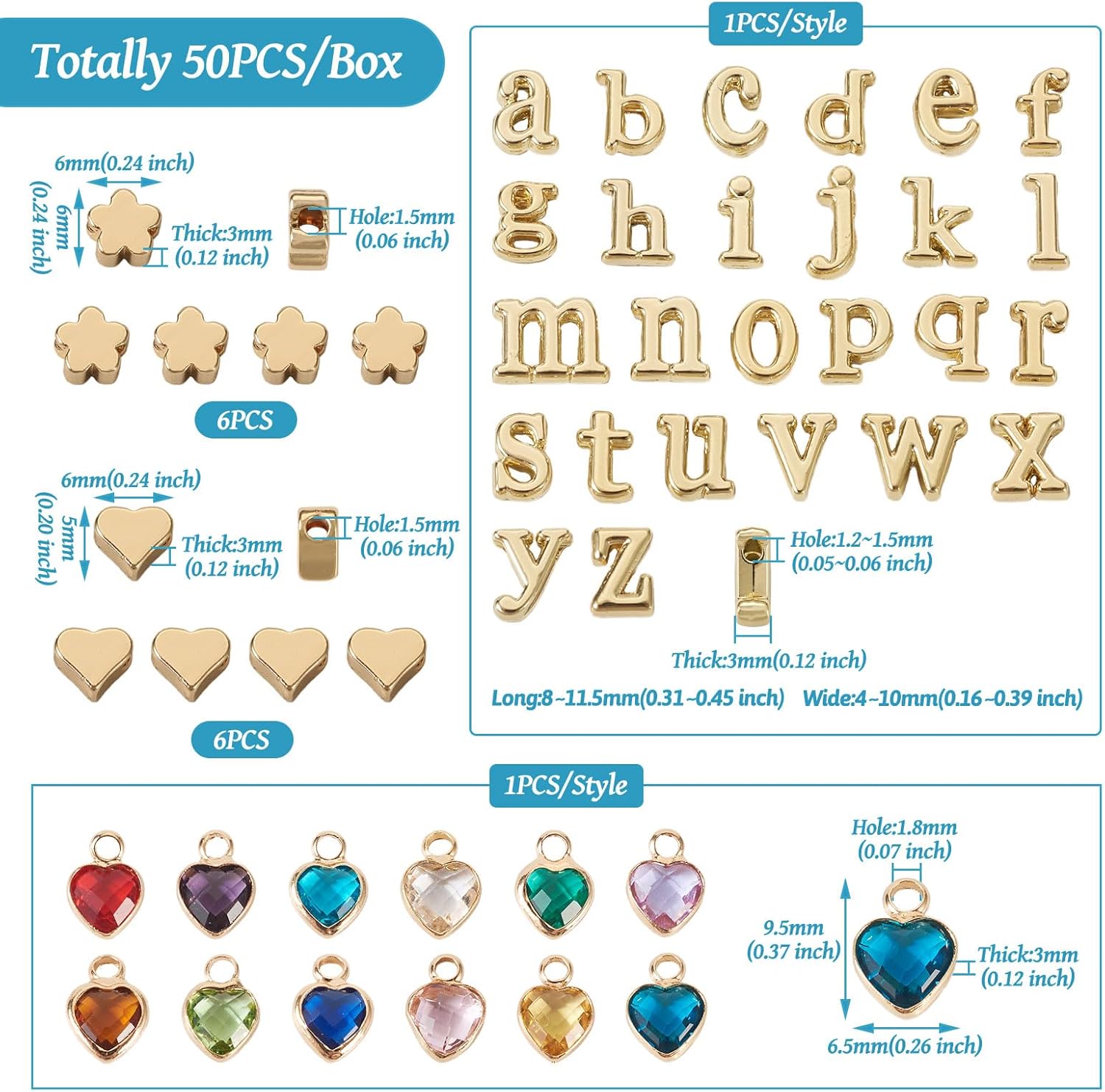 Cheriswelry Juego de 50 piezas de joyería de piedra natal con forma de corazón, dijes de cristal de aleación de letra A  Z, cuentas de latón, flores