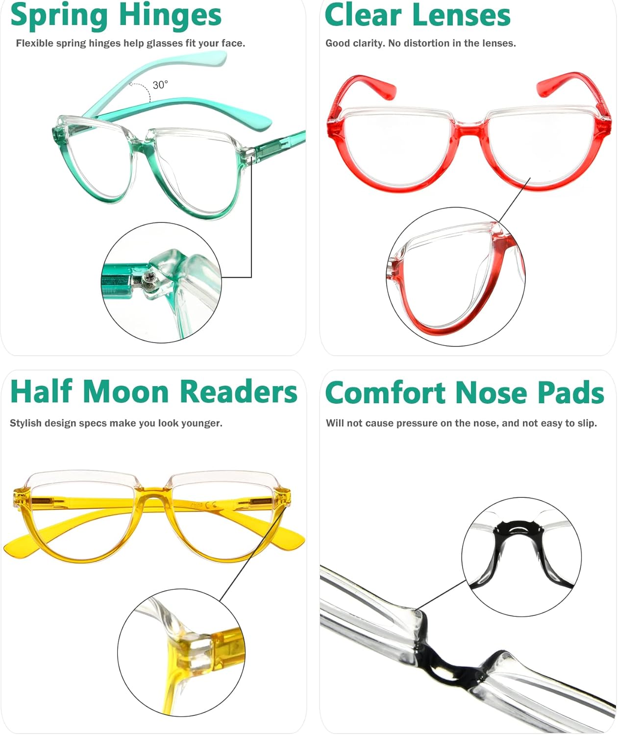 Eyekepper Gafas para mujer leyendo marco grande – Lectores de diseño de media luna para mujer de gran tamaño, TransparenteRojo