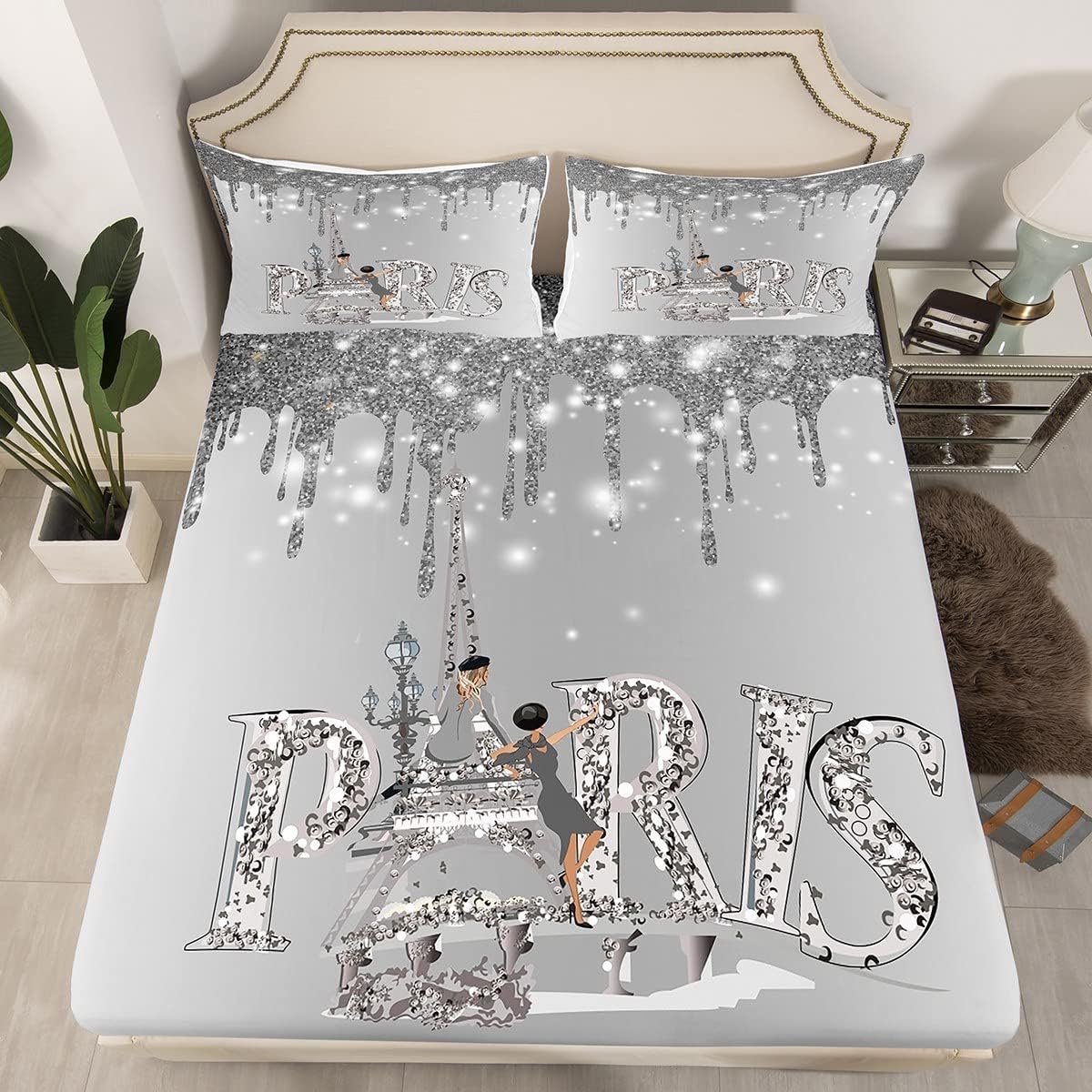 Juego de sábanas de 4 piezas para niños, tamaño Queen, diseño romántico de diamantes con purpurina, diseño de arquitectura famosa de París, 4 piezas