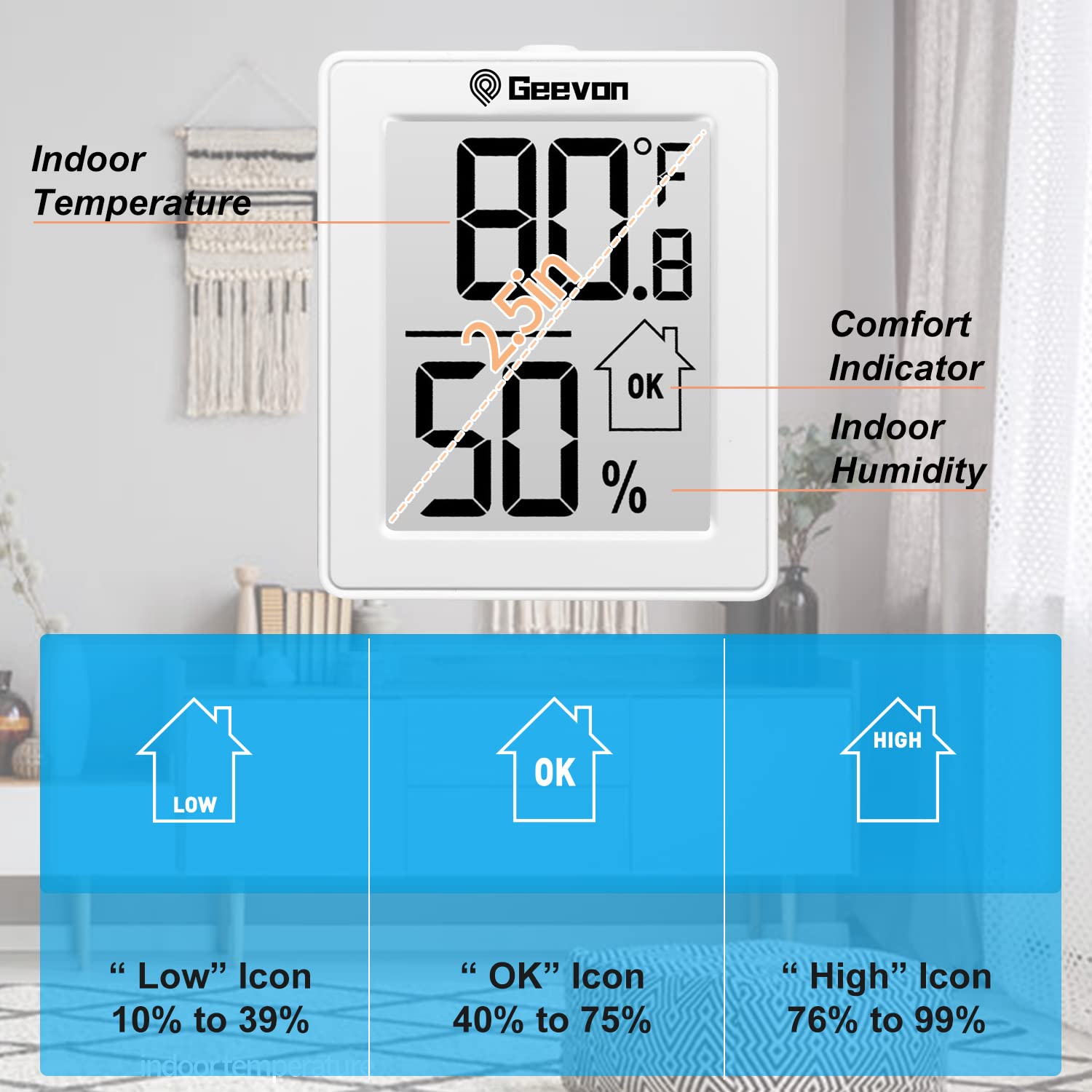 Geevon Termómetro interior monitor de temperatura ambiente, paquete de 3 medidores de temperatura y humedad, termómetro higrómetro con batería para