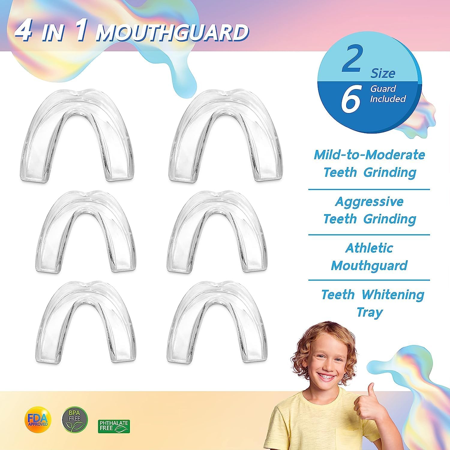 Protector bucal para rechinar los dientes por la noche, 2 modelos para niños o pequeñas, paquete de 6 protectores nocturnos dentales moldeables para