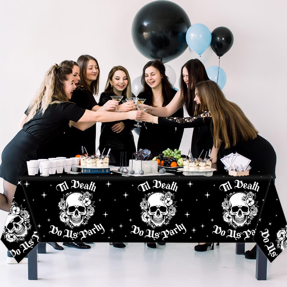 CMUSKO 3 manteles para fiesta de Til Death Do Us, decoraciones de despedida de soltera de Halloween, diseño de calavera gótica negra, desechables,