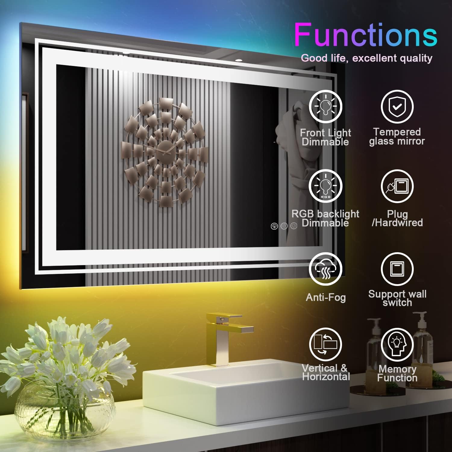 Snowdool Espejo de baño LED de 48 x 32 pulgadas con luces, espejo antivaho con retroiluminación RGB, espejo de tocador de baño con luz inteligente