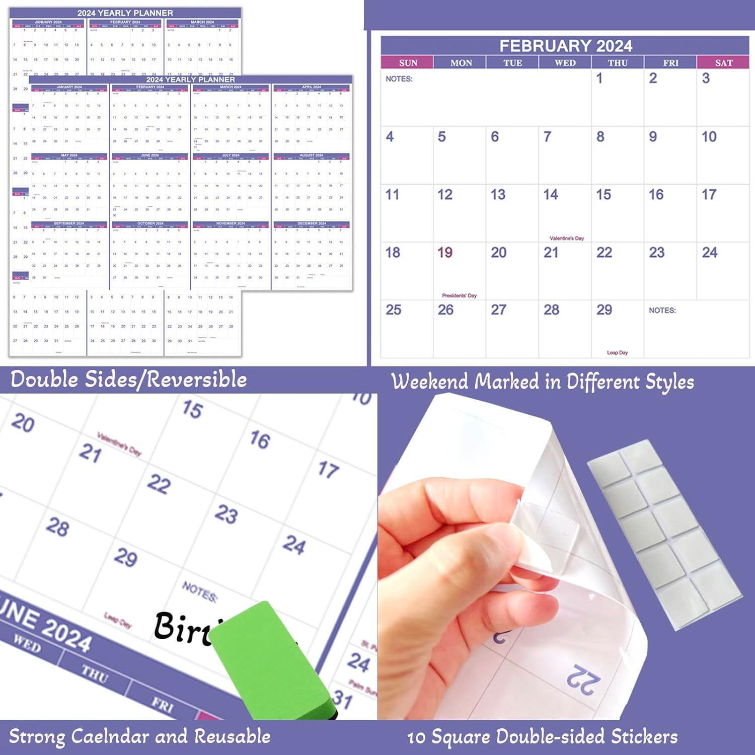 Calendario de pared 2024 borrable de 32 x 48 pulgadas, borrado en húmedo y seco, laminado de 12 meses, calendario anual anual de pared de 2 lados,