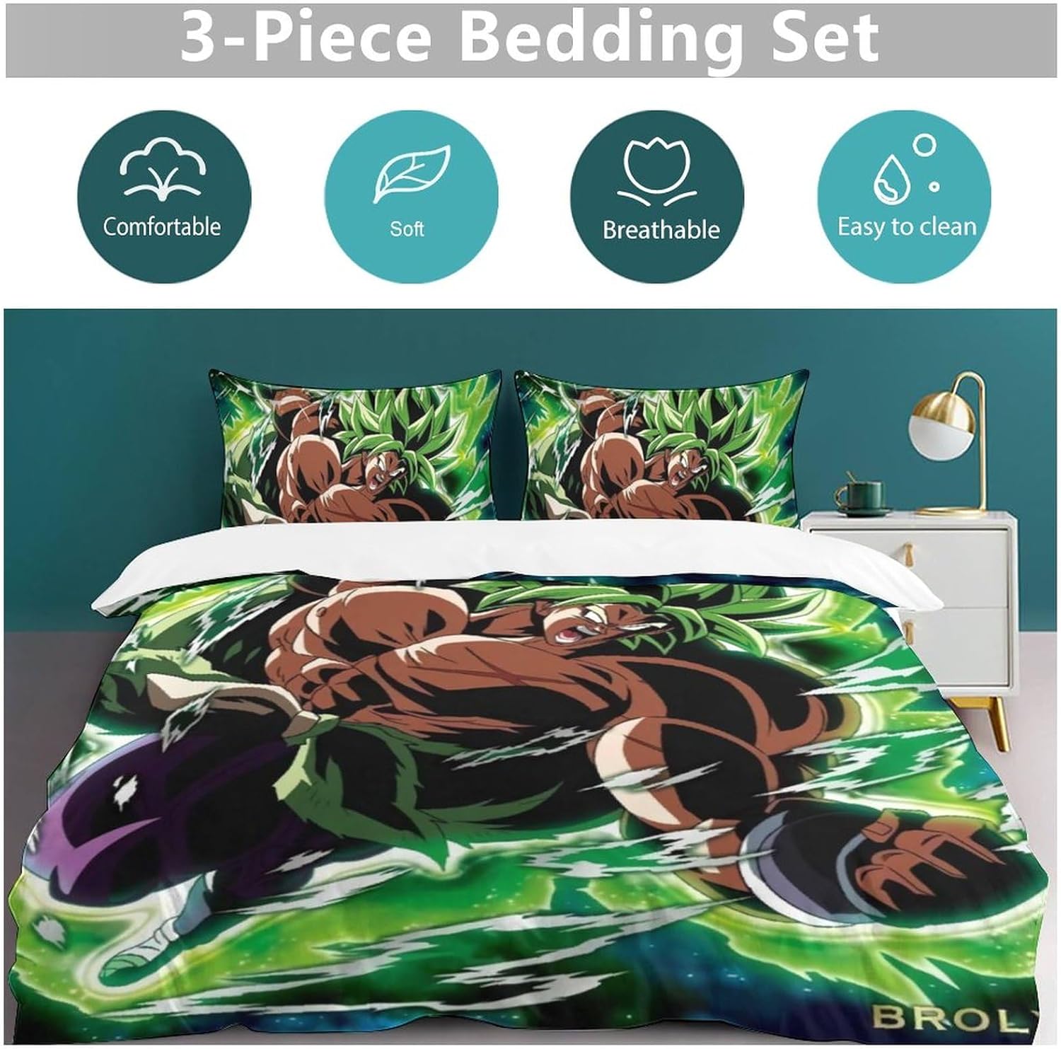 Saiyajin Broly – Juego de sábanas y fundas de almohada de microfibra suave de 3 piezas, tamaño matrimonial, 86 x 70 pulgadas